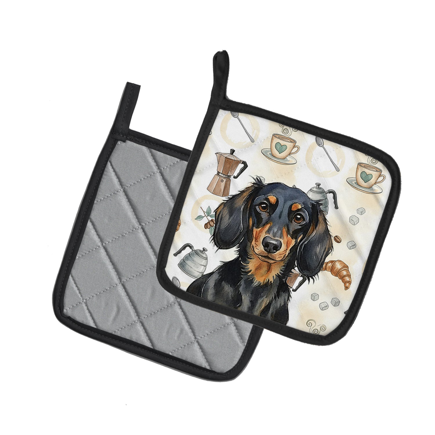 Caroline's Treasures Longhaired Black and Tan Dachshund Coffee Bar Pair of Pot Holders