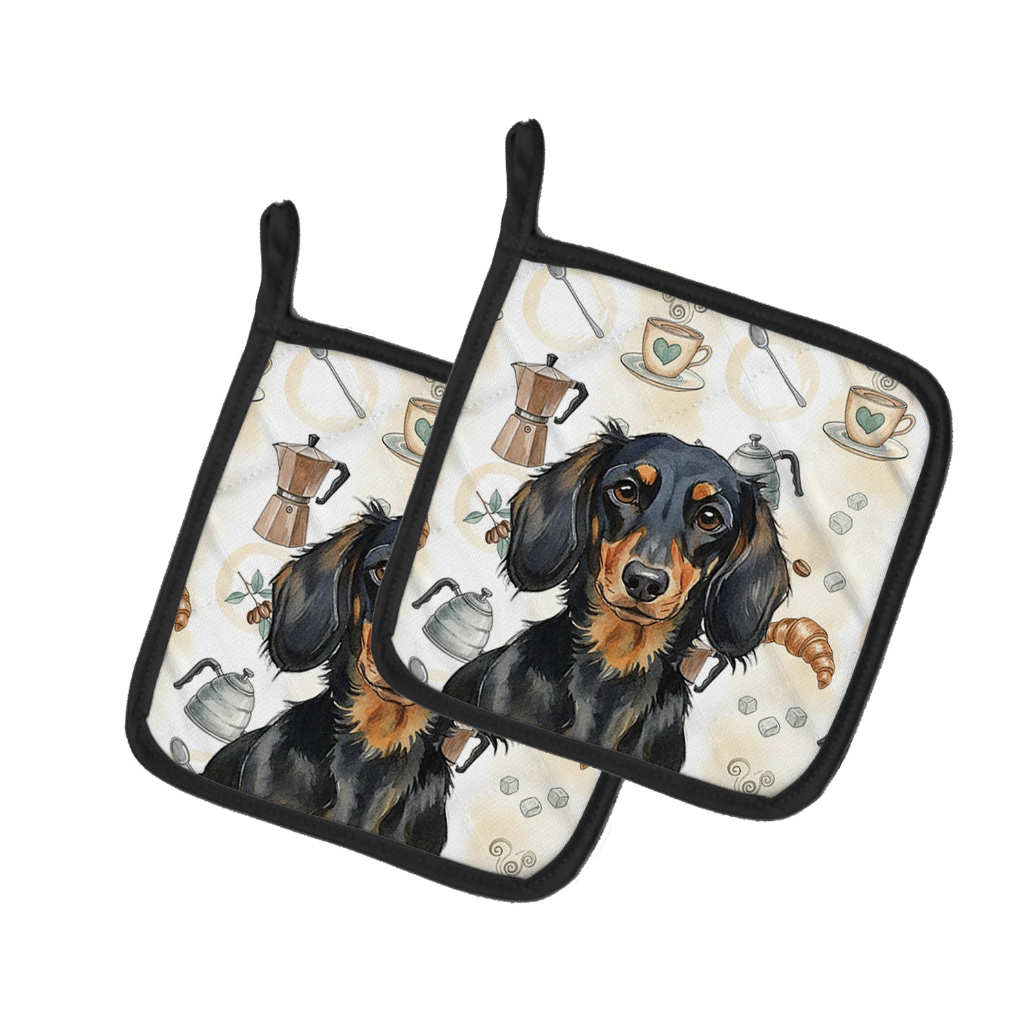 Caroline's Treasures Longhaired Black and Tan Dachshund Coffee Bar Pair of Pot Holders