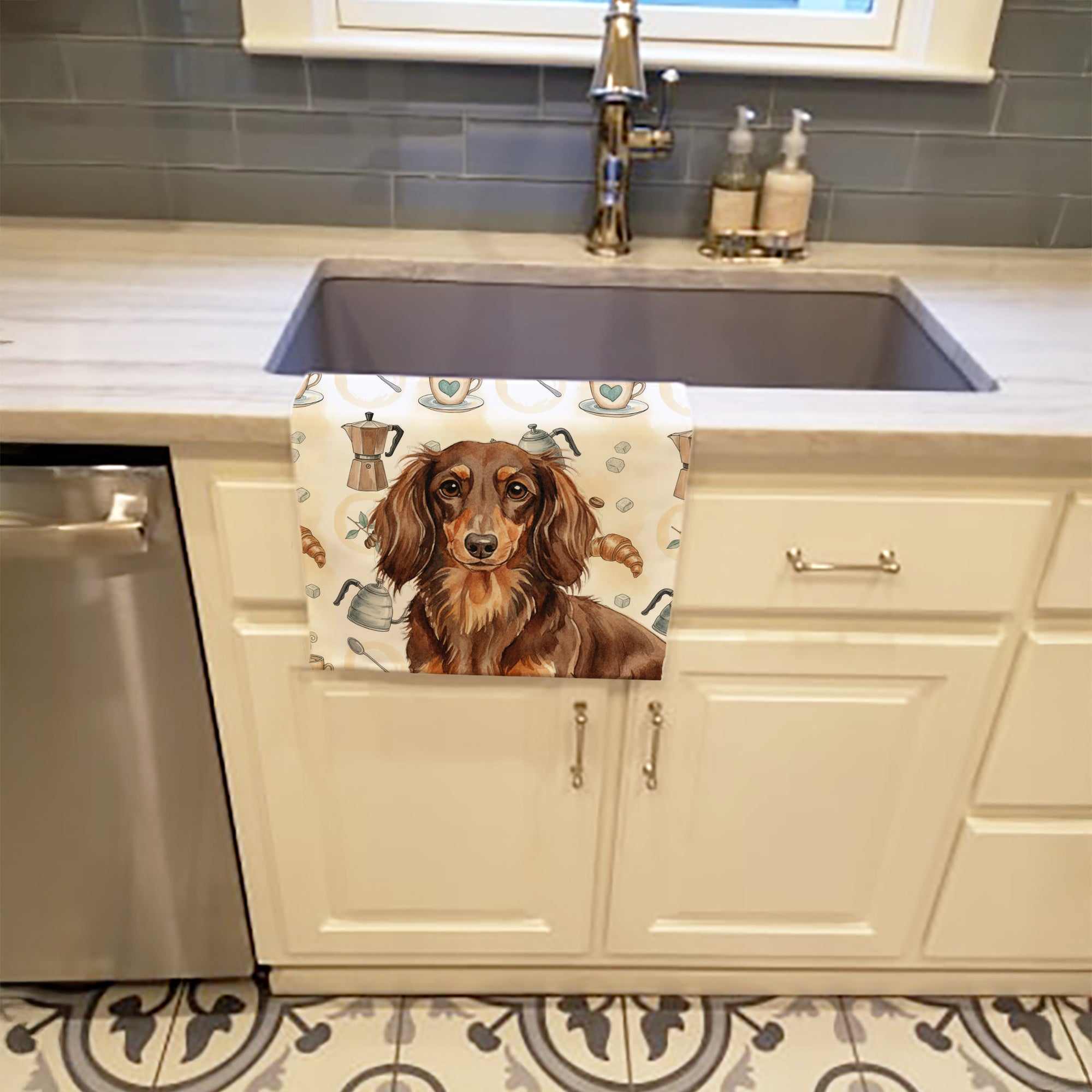 Caroline's Treasures Longhaired Chocolate and Tan Dachshund Coffee Bar Kitchen Towel