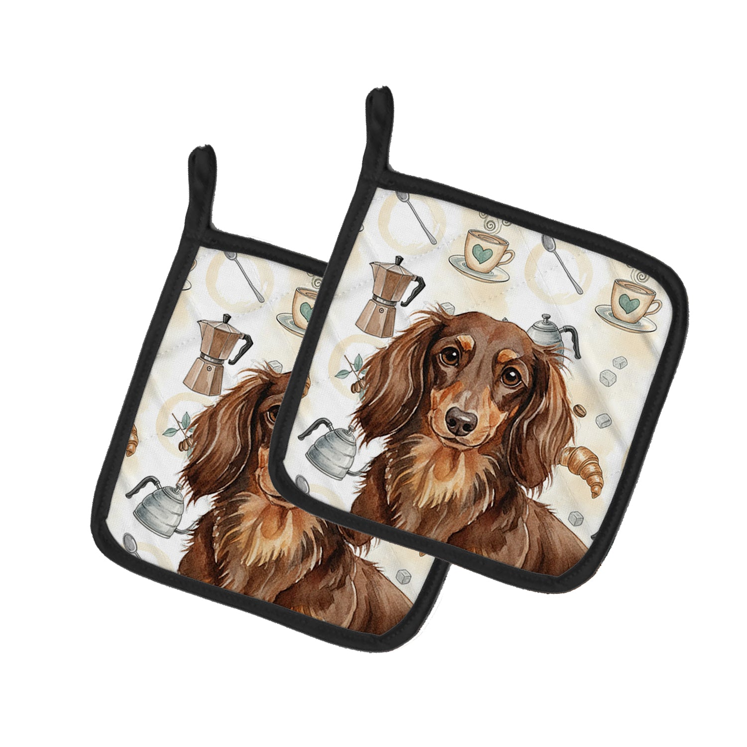 Caroline's Treasures Longhaired Chocolate and Tan Dachshund Coffee Bar Pair of Pot Holders