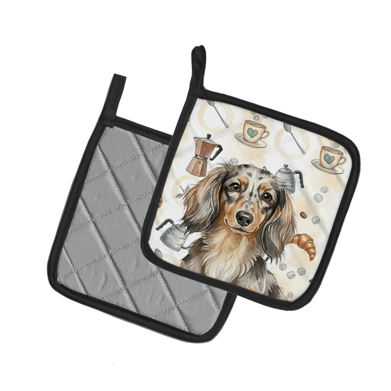 Caroline's Treasures Longhaired Dapple Dachshund Coffee Bar Pair of Pot Holders