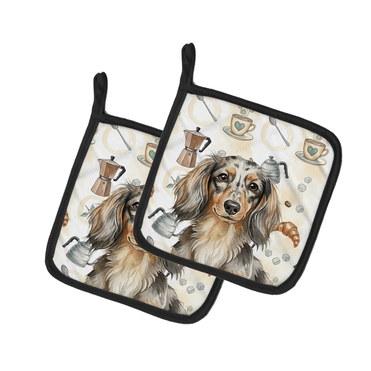Caroline's Treasures Longhaired Dapple Dachshund Coffee Bar Pair of Pot Holders