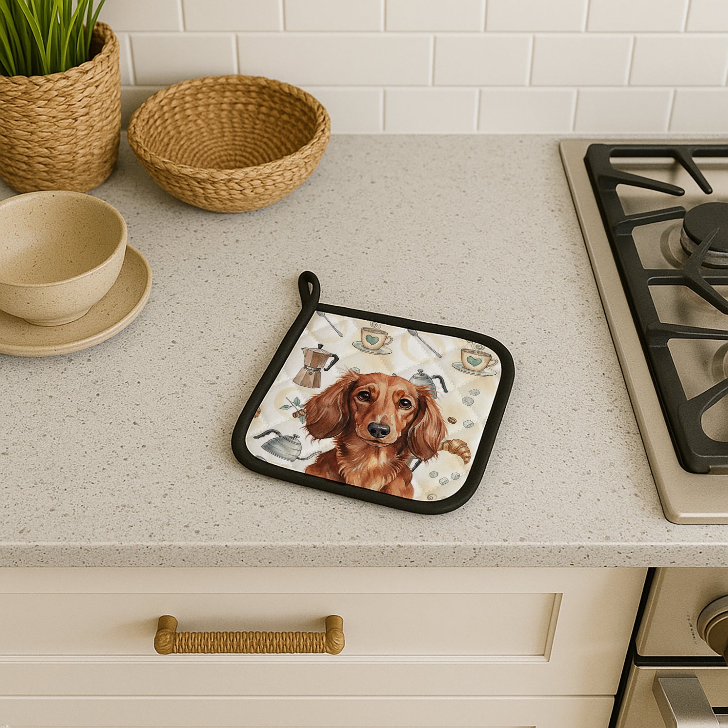 Caroline's Treasures Longhaired Red Dachshund Coffee Bar Pair of Pot Holders