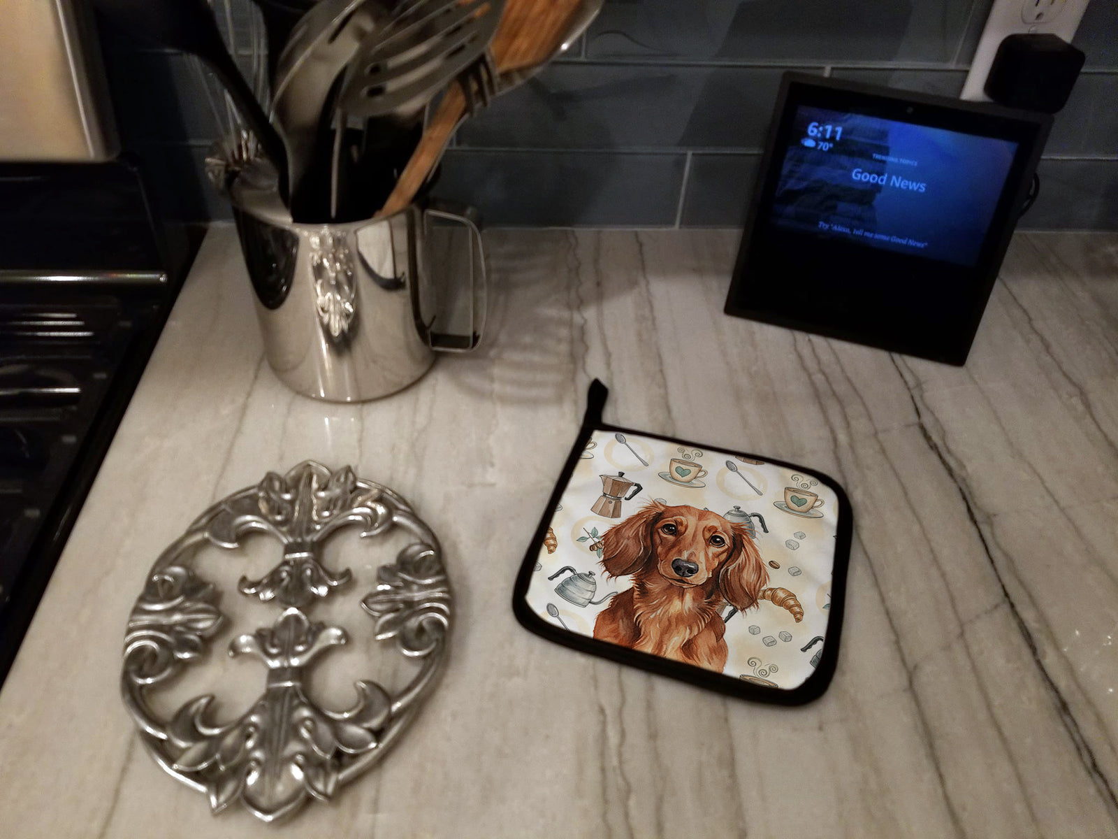 Caroline's Treasures Longhaired Red Dachshund Coffee Bar Pair of Pot Holders