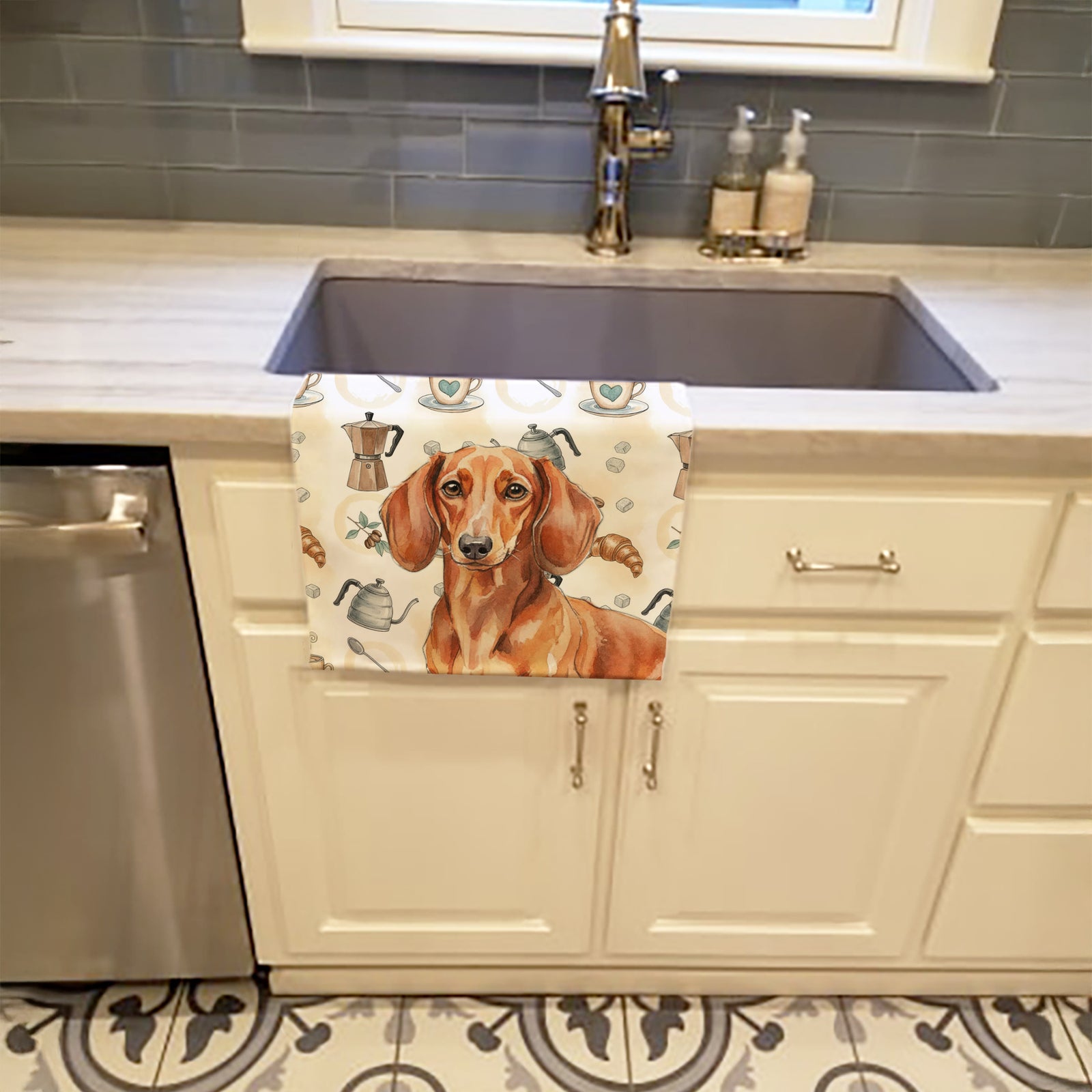 Caroline's Treasures Red Brown Dachshund Coffee Bar Kitchen Towel