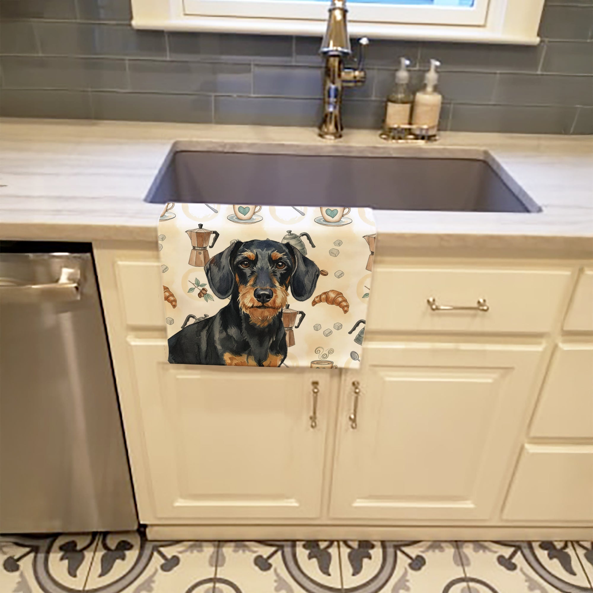 Caroline's Treasures Wirehaired Black and Tan Dachshund Coffee Bar Kitchen Towel