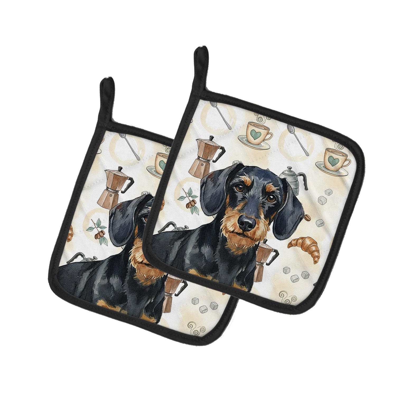 Caroline's Treasures Wirehaired Black and Tan Dachshund Coffee Bar Pair of Pot Holders