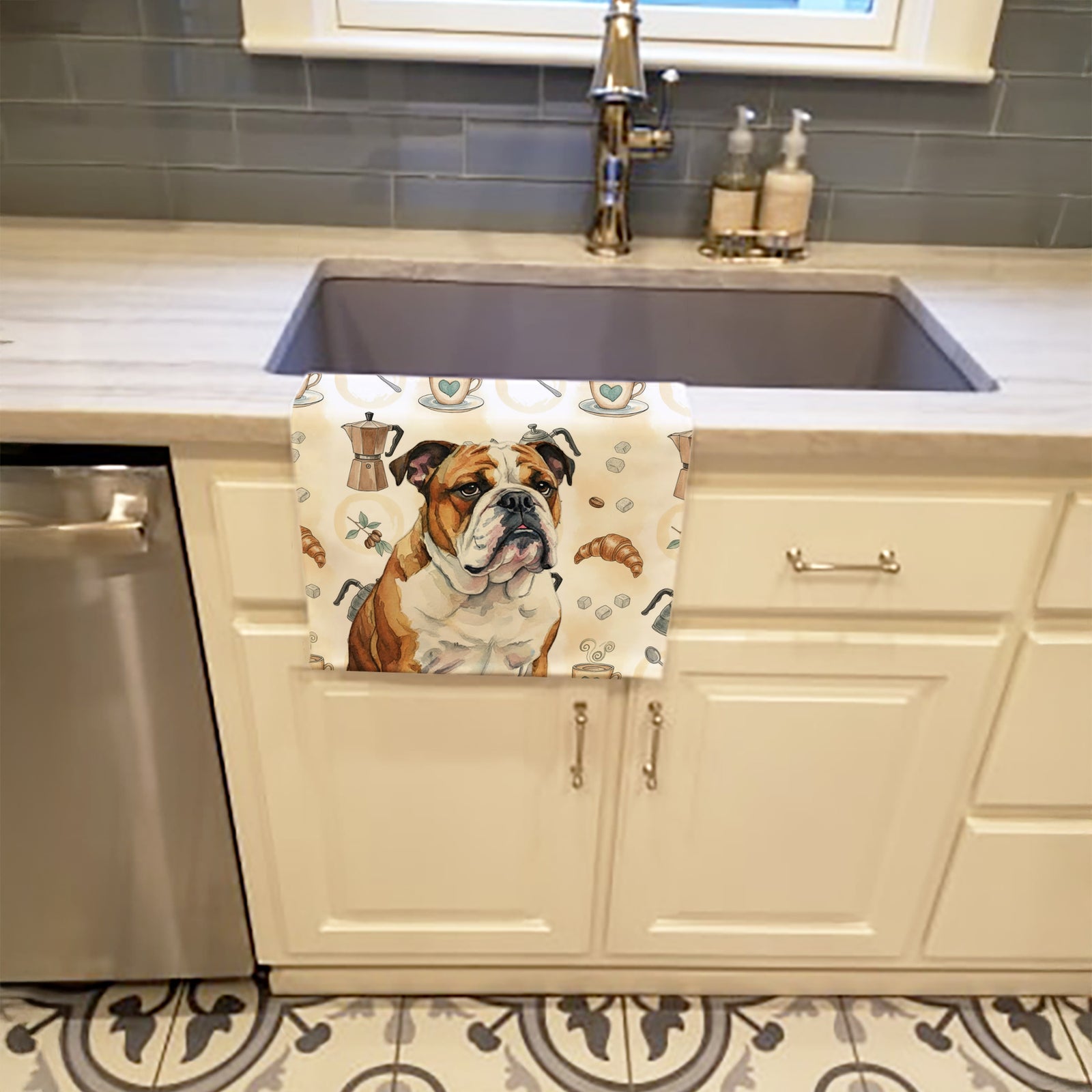 Caroline's Treasures Brindle and White English Bulldog Coffee Bar Kitchen Towel
