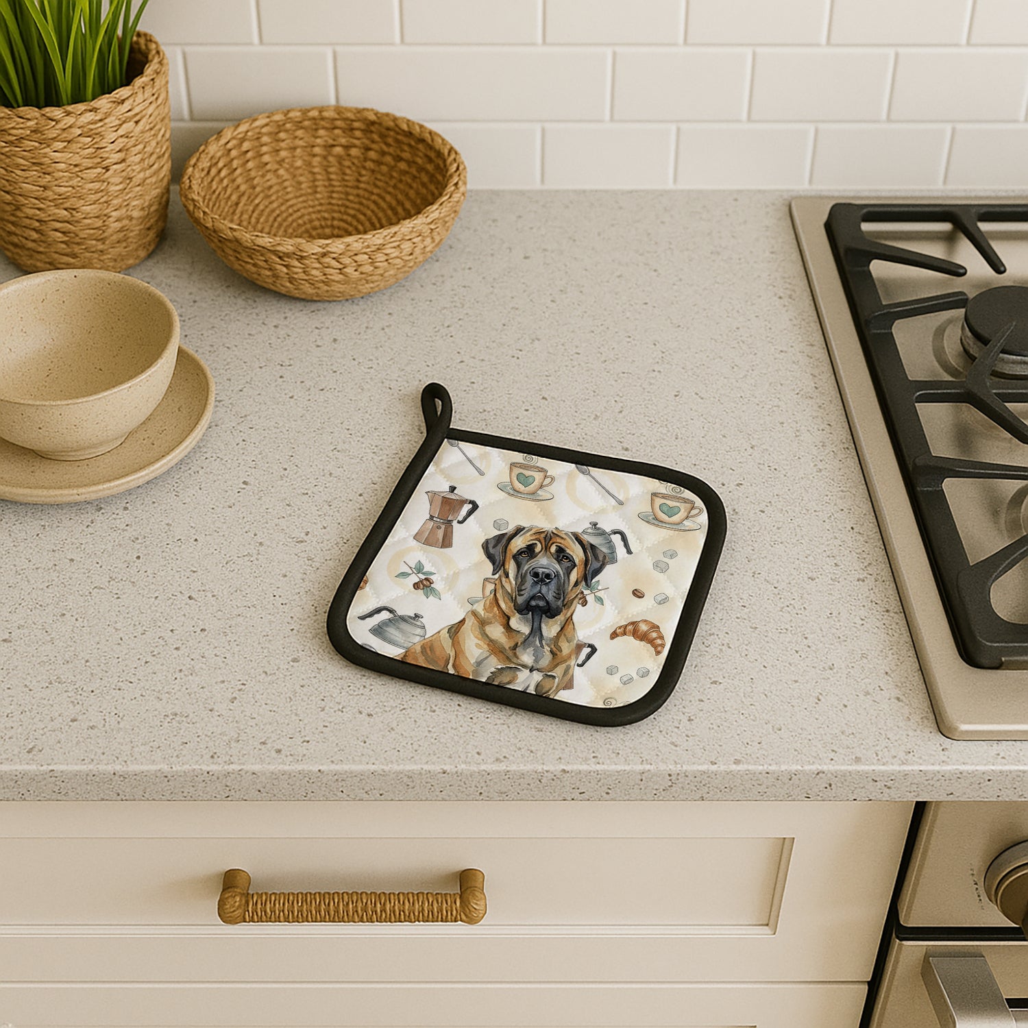 Caroline's Treasures Brindle English Mastiff Coffee Bar Pair of Pot Holders