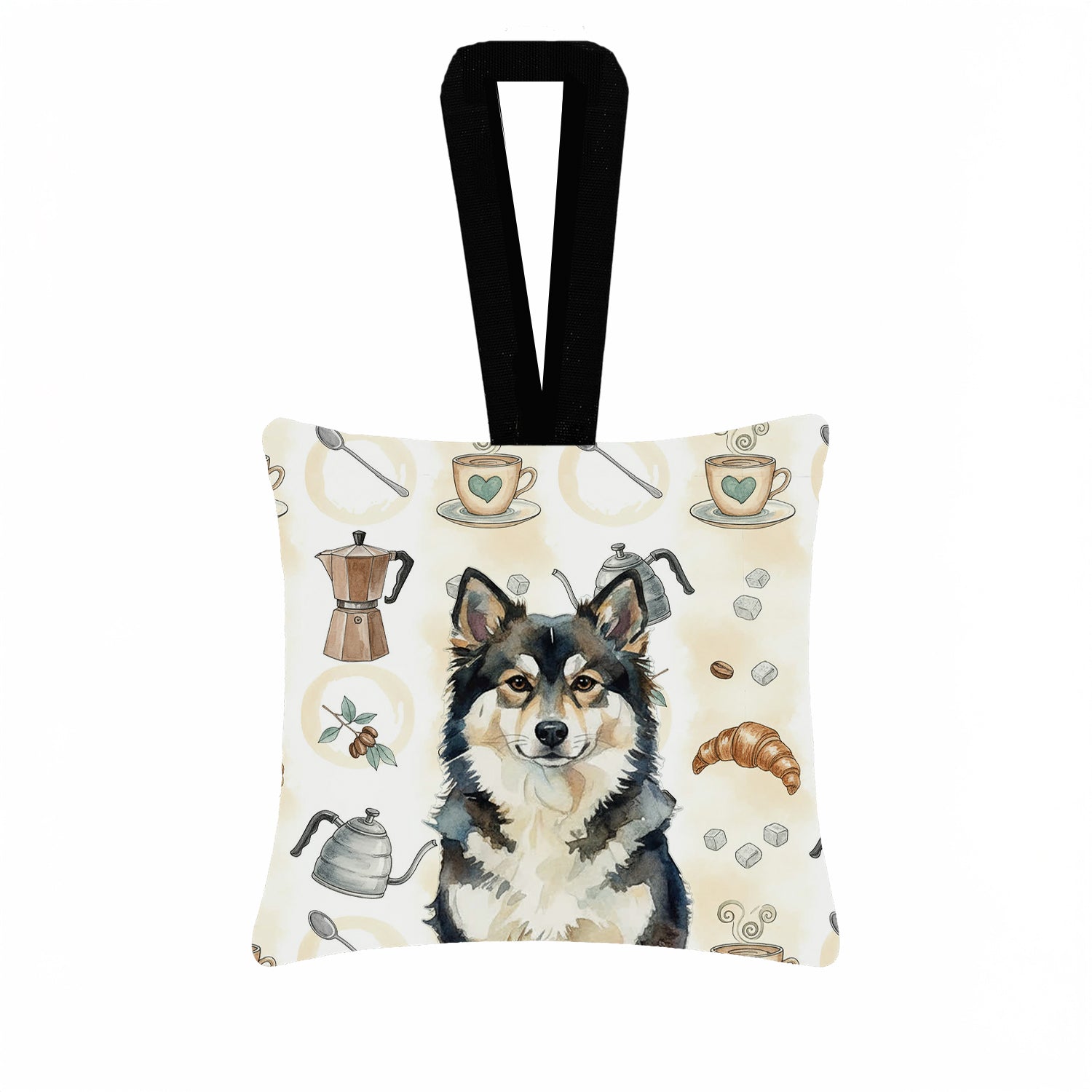 Caroline's Treasures Finnish Lapphund Coffee Bar Hanging Square Fabric Ornament 3.5 × 3.5