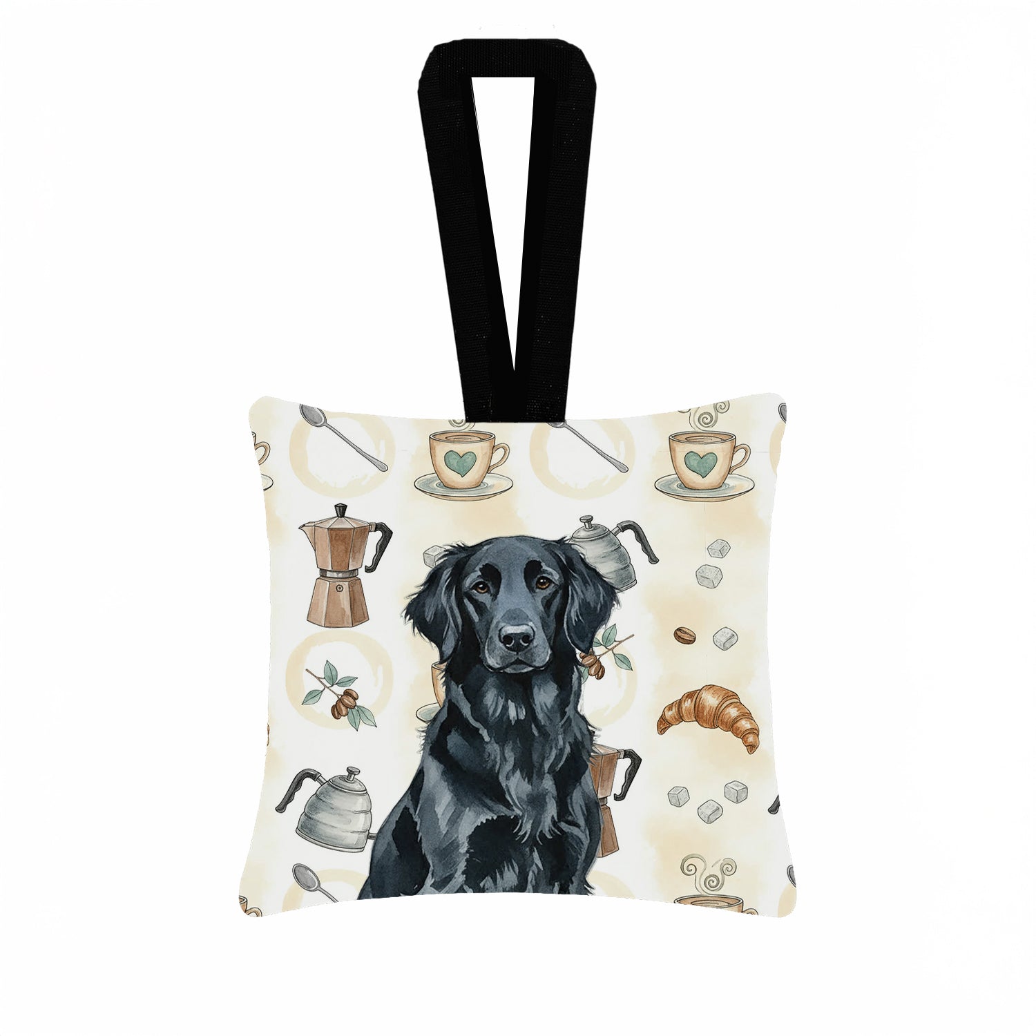 Caroline's Treasures Black Flat-Coated Retriever Coffee Bar Hanging Square Fabric Ornament 3.5 × 3.5