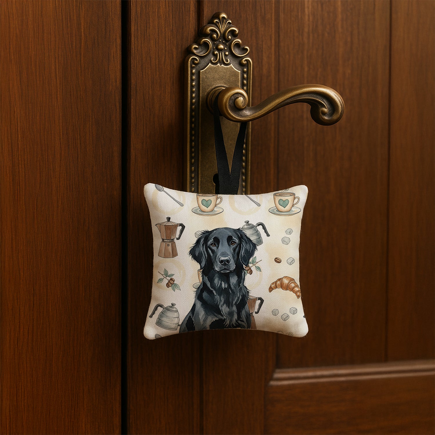 Caroline's Treasures Black Flat-Coated Retriever Coffee Bar Hanging Square Fabric Ornament 3.5 × 3.5