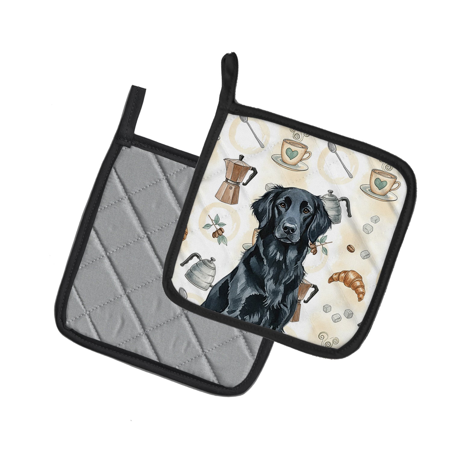 Caroline's Treasures Black Flat-Coated Retriever Coffee Bar Pair of Pot Holders