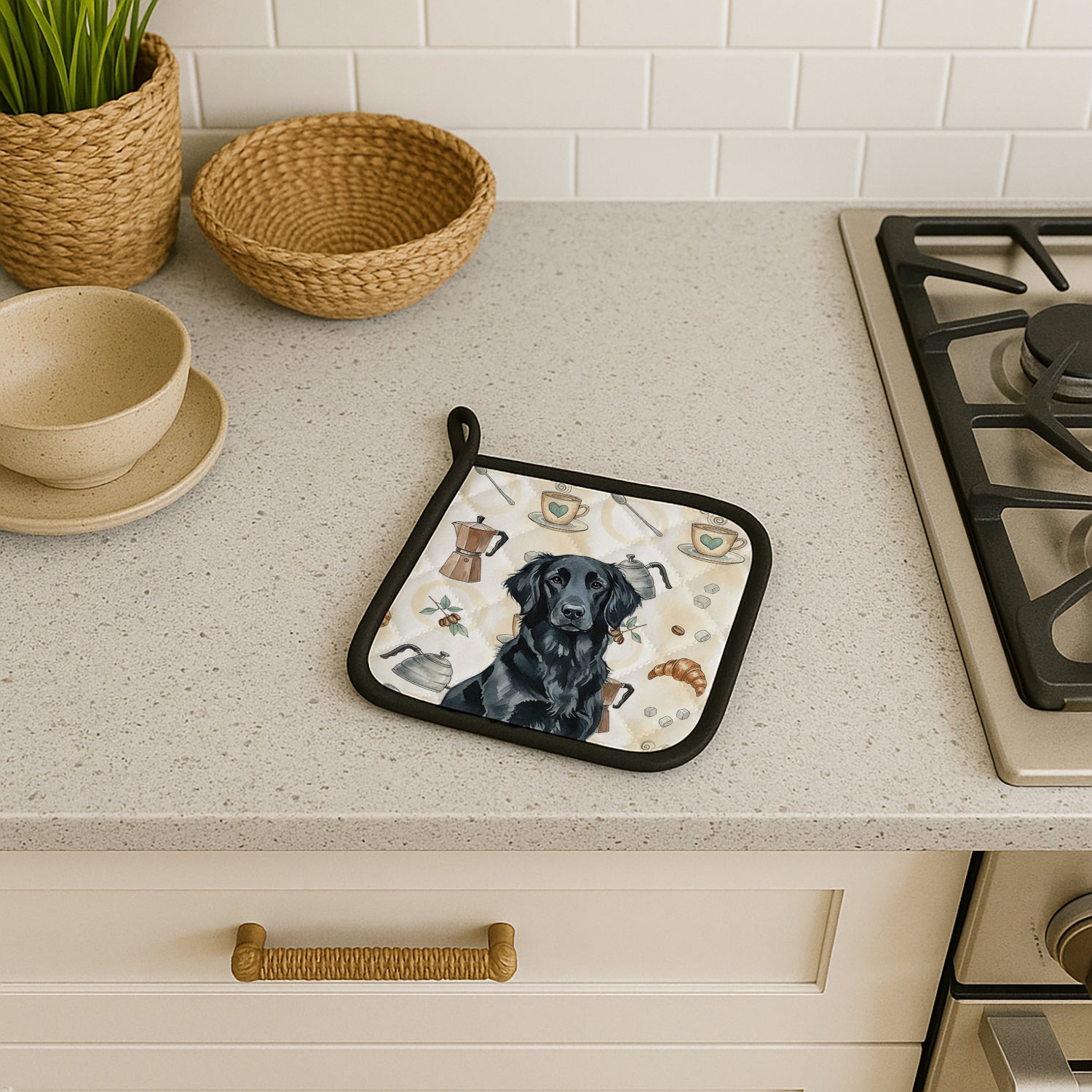Caroline's Treasures Black Flat-Coated Retriever Coffee Bar Pair of Pot Holders