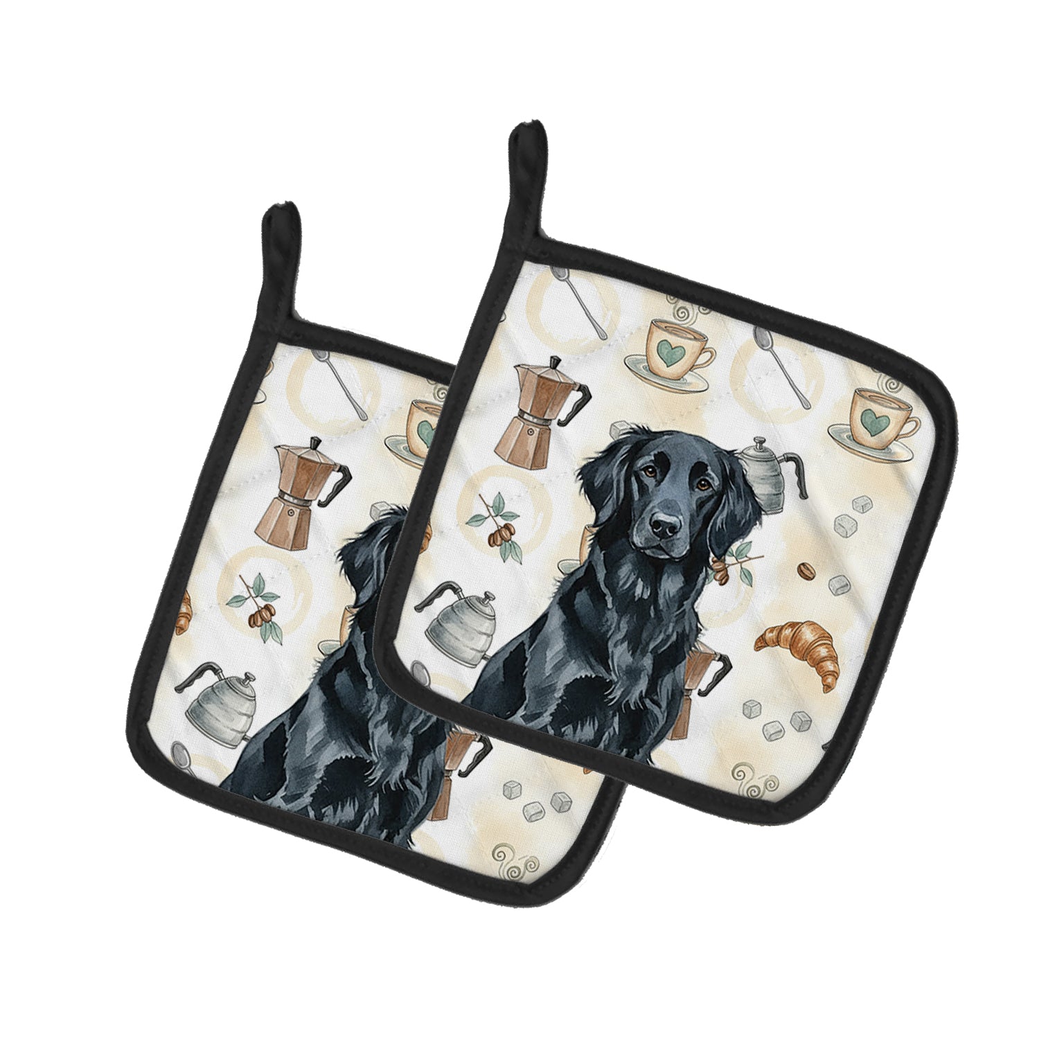 Caroline's Treasures Black Flat-Coated Retriever Coffee Bar Pair of Pot Holders