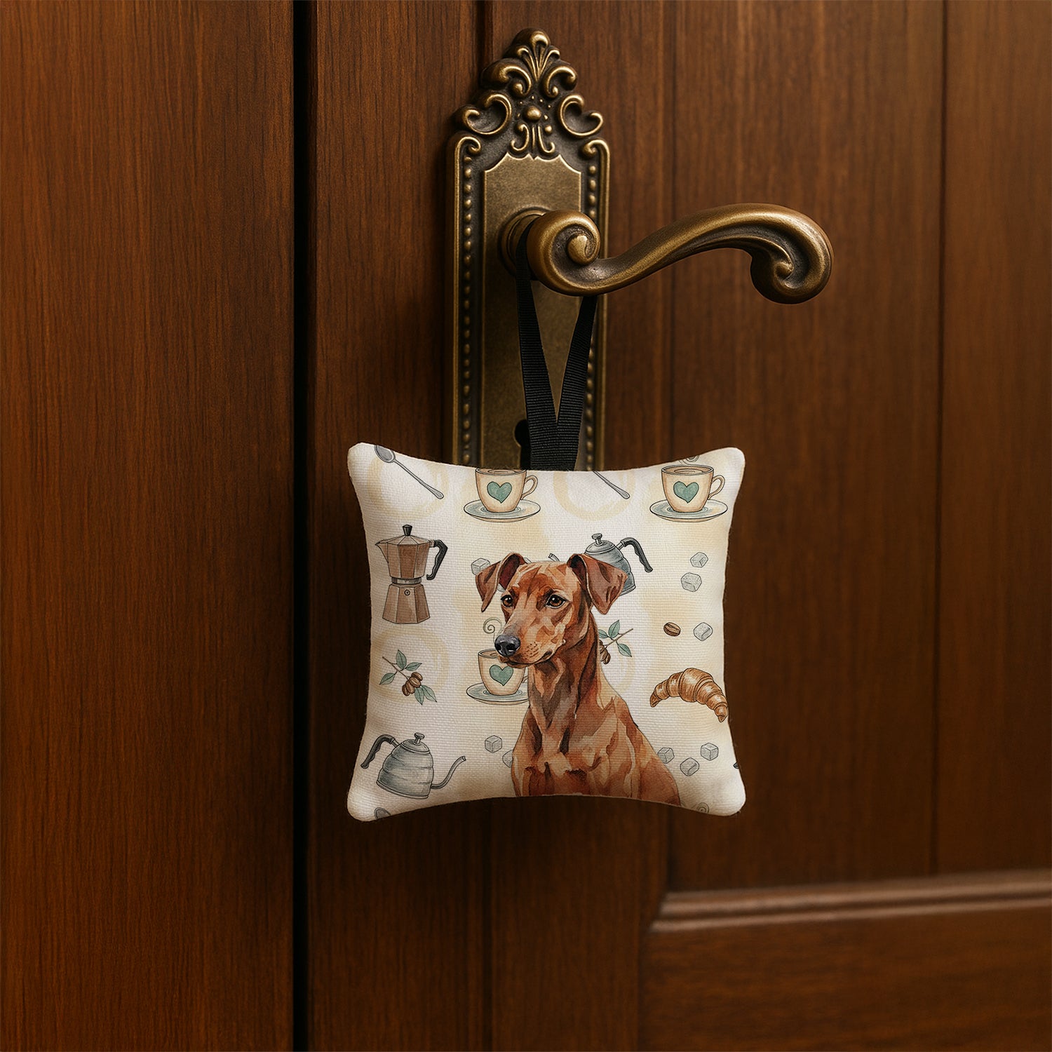 Caroline's Treasures Red German Pinscher Coffee Bar Hanging Square Fabric Ornament 3.5 × 3.5