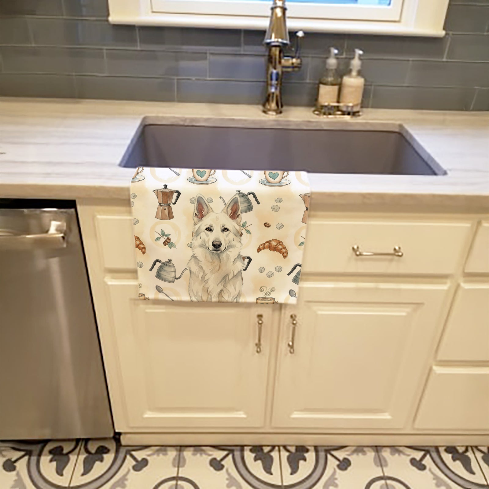 Caroline's Treasures White German Shepherd Coffee Bar Kitchen Towel