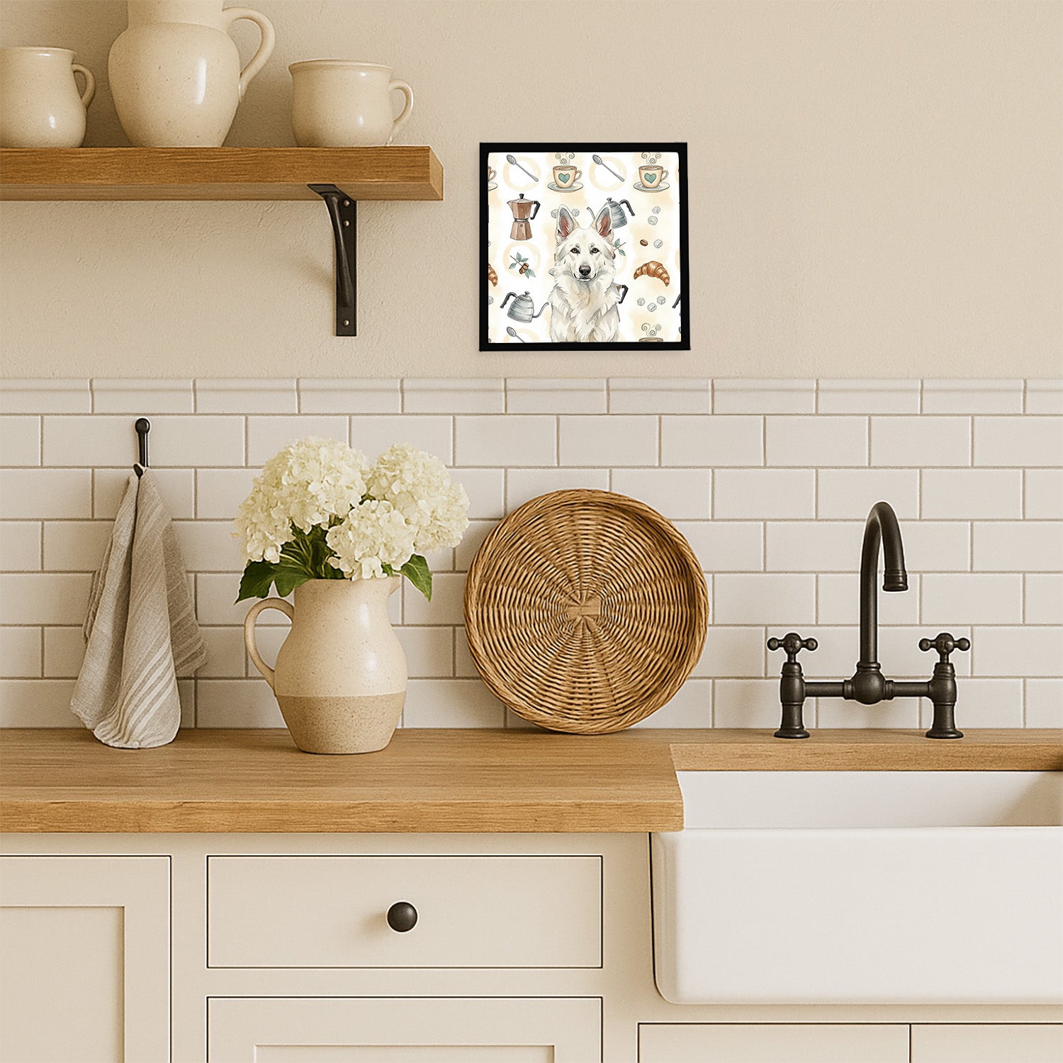 Caroline's Treasures White German Shepherd Coffee Bar Framed Metal Print