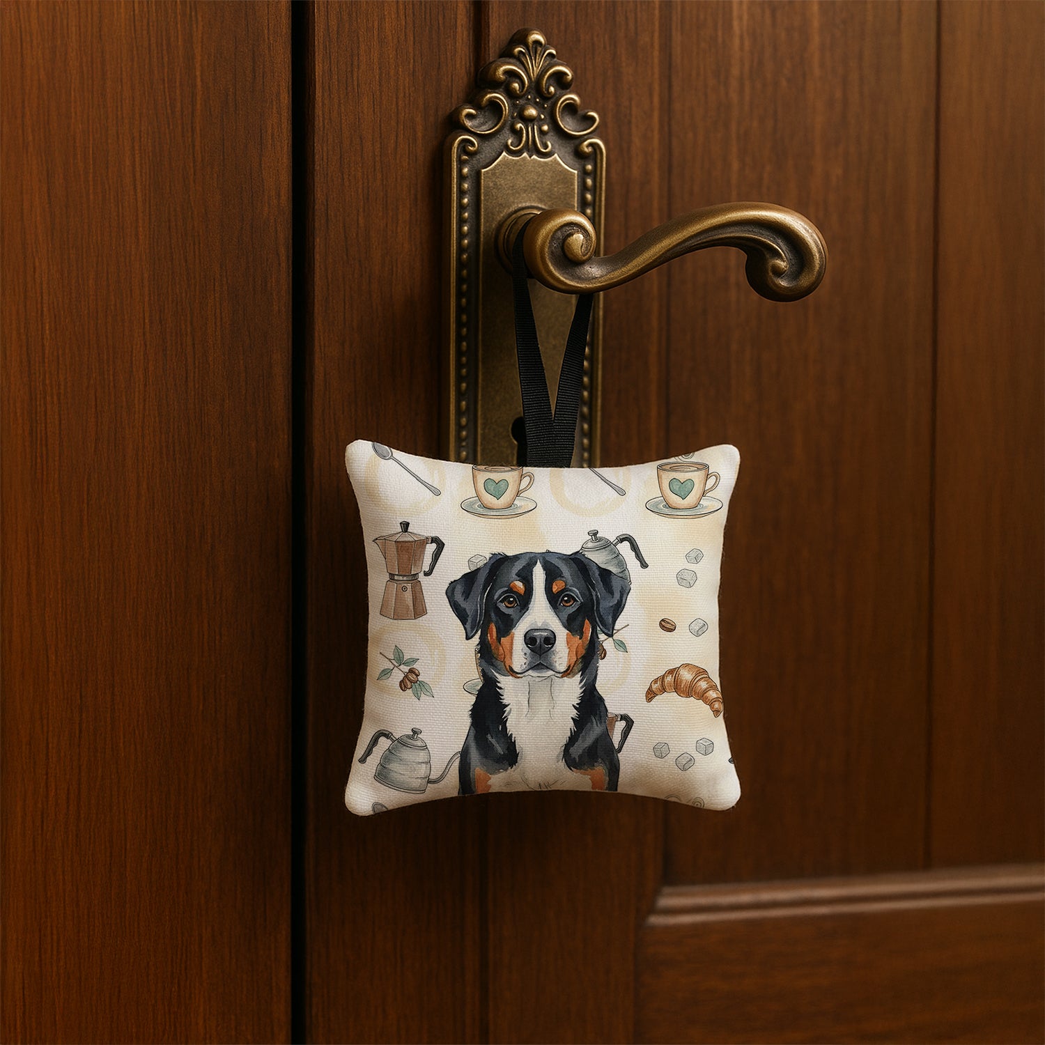 Caroline's Treasures Greater Swiss Mountain Dog Coffee Bar Hanging Square Fabric Ornament 3.5 × 3.5