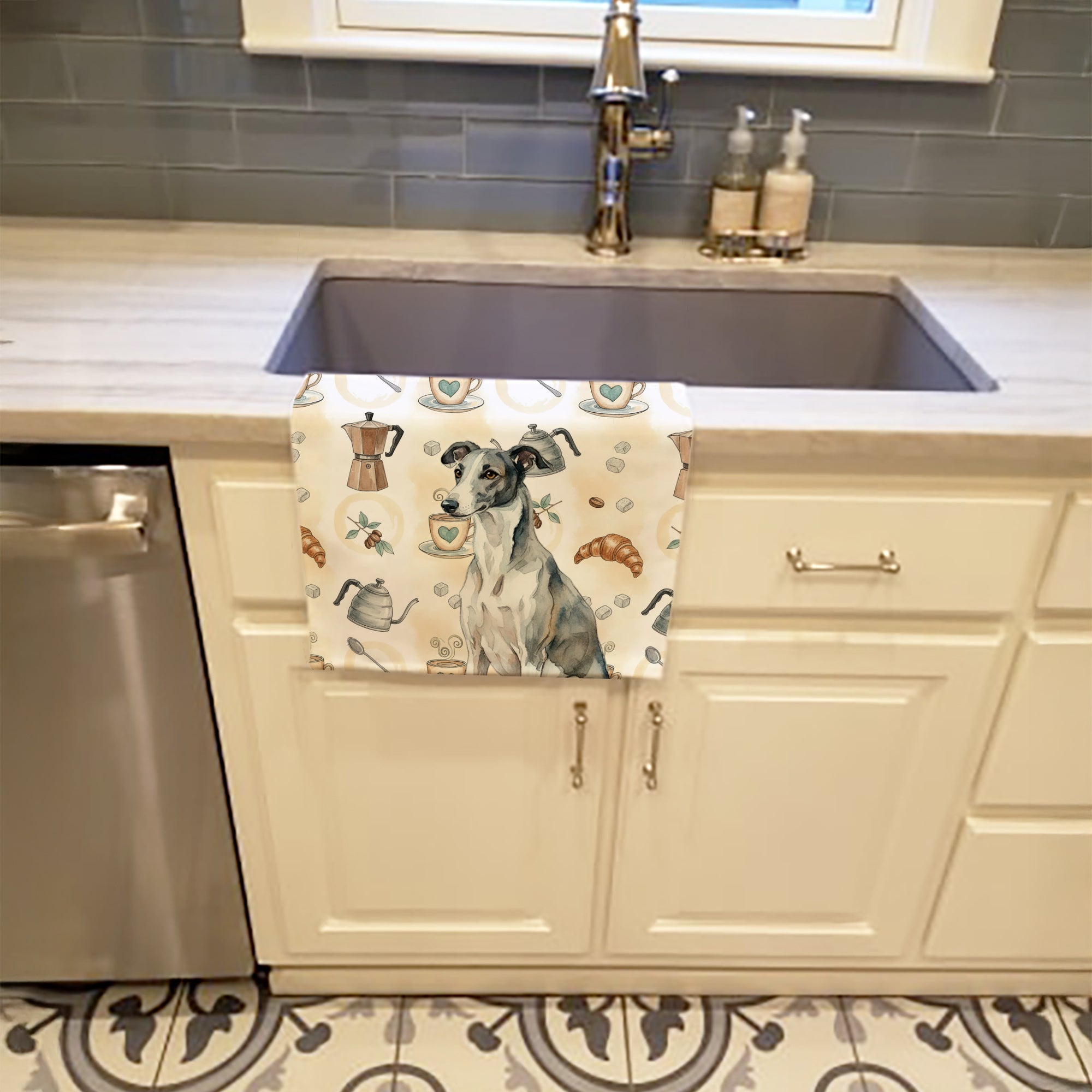 Caroline's Treasures Black and White Greyhound Coffee Bar Kitchen Towel