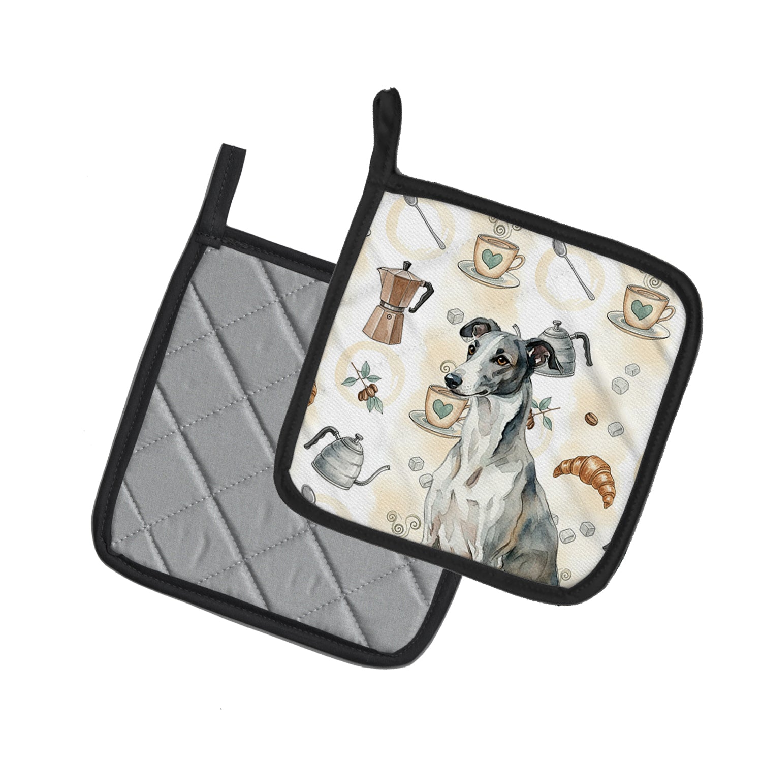 Caroline's Treasures Black and White Greyhound Coffee Bar Pair of Pot Holders