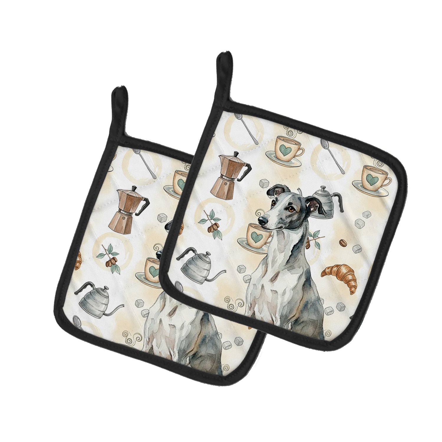 Caroline's Treasures Black and White Greyhound Coffee Bar Pair of Pot Holders