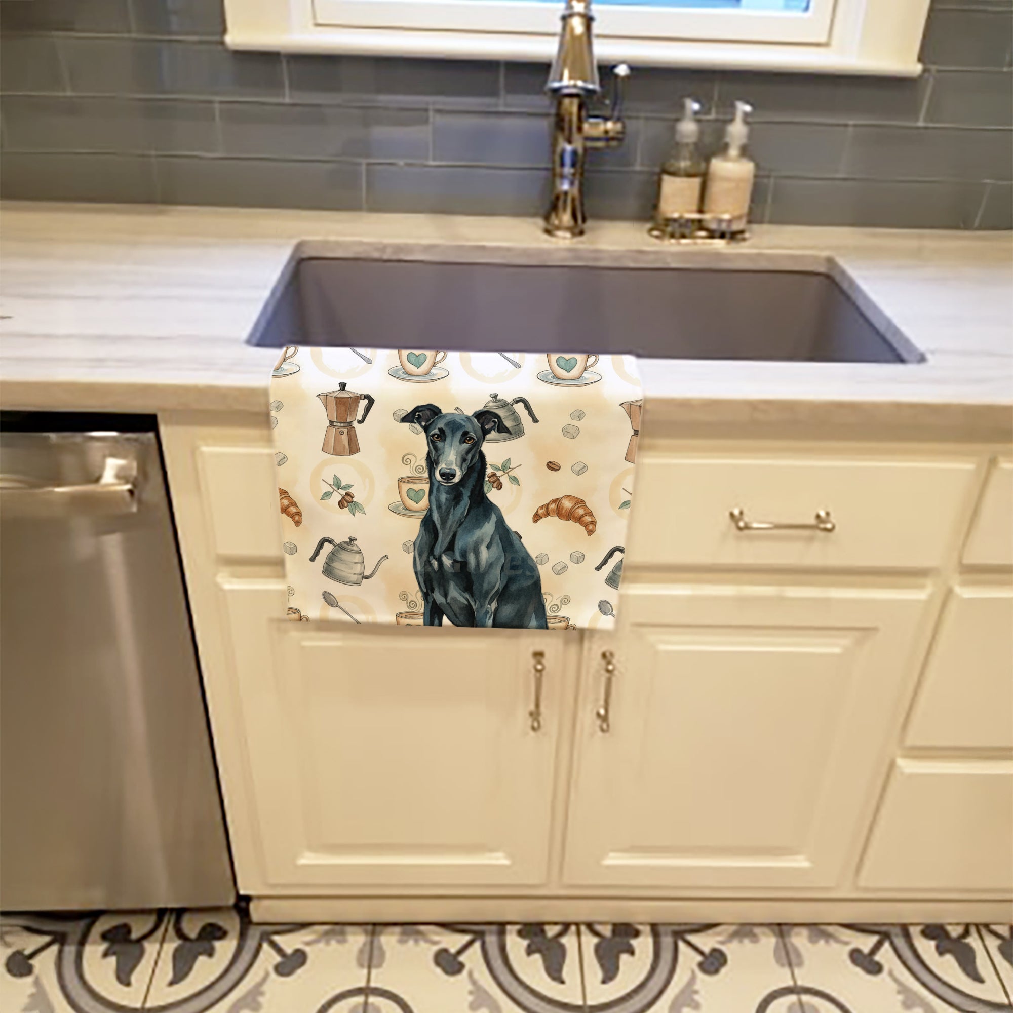 Caroline's Treasures Black Greyhound Coffee Bar Kitchen Towel