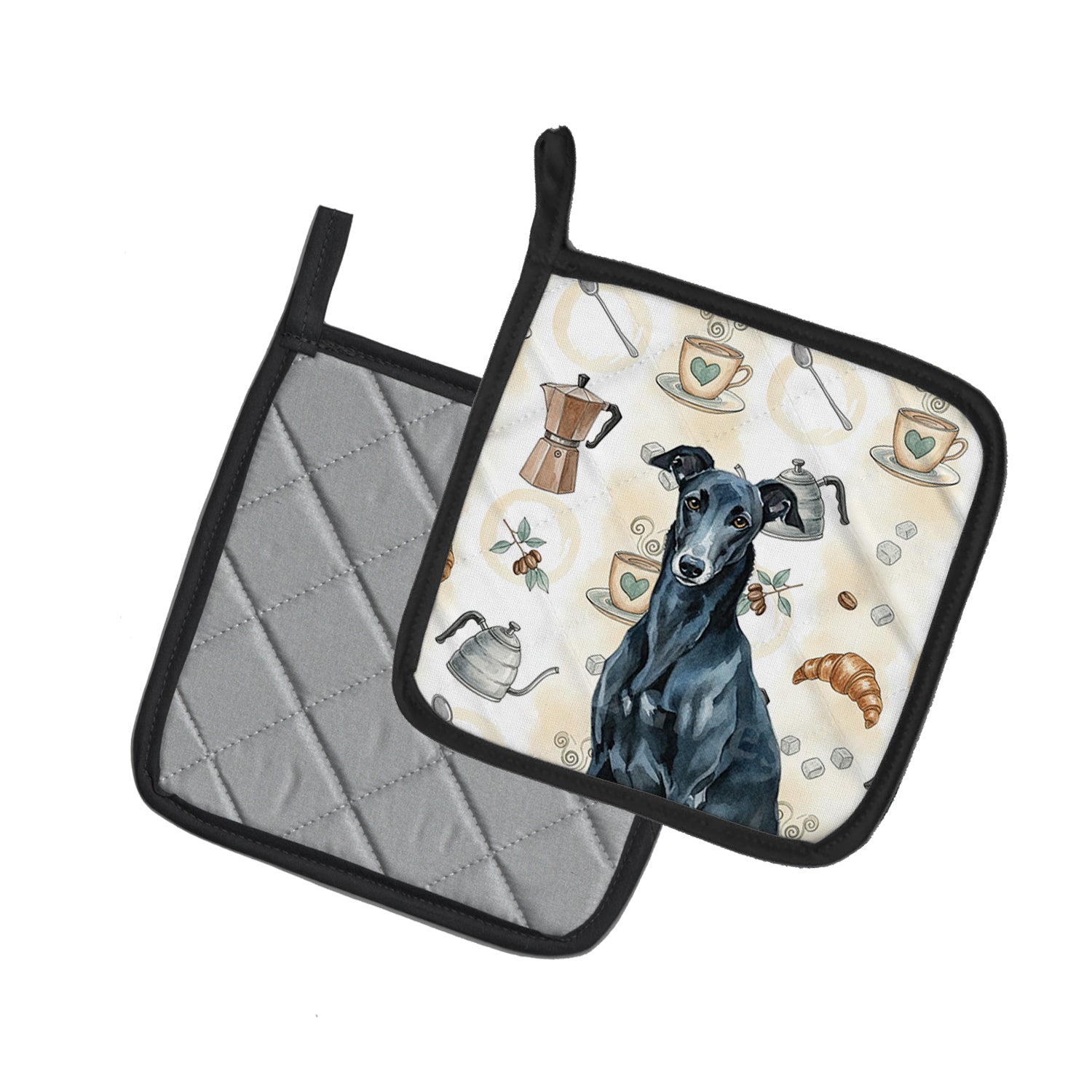 Caroline's Treasures Black Greyhound Coffee Bar Pair of Pot Holders