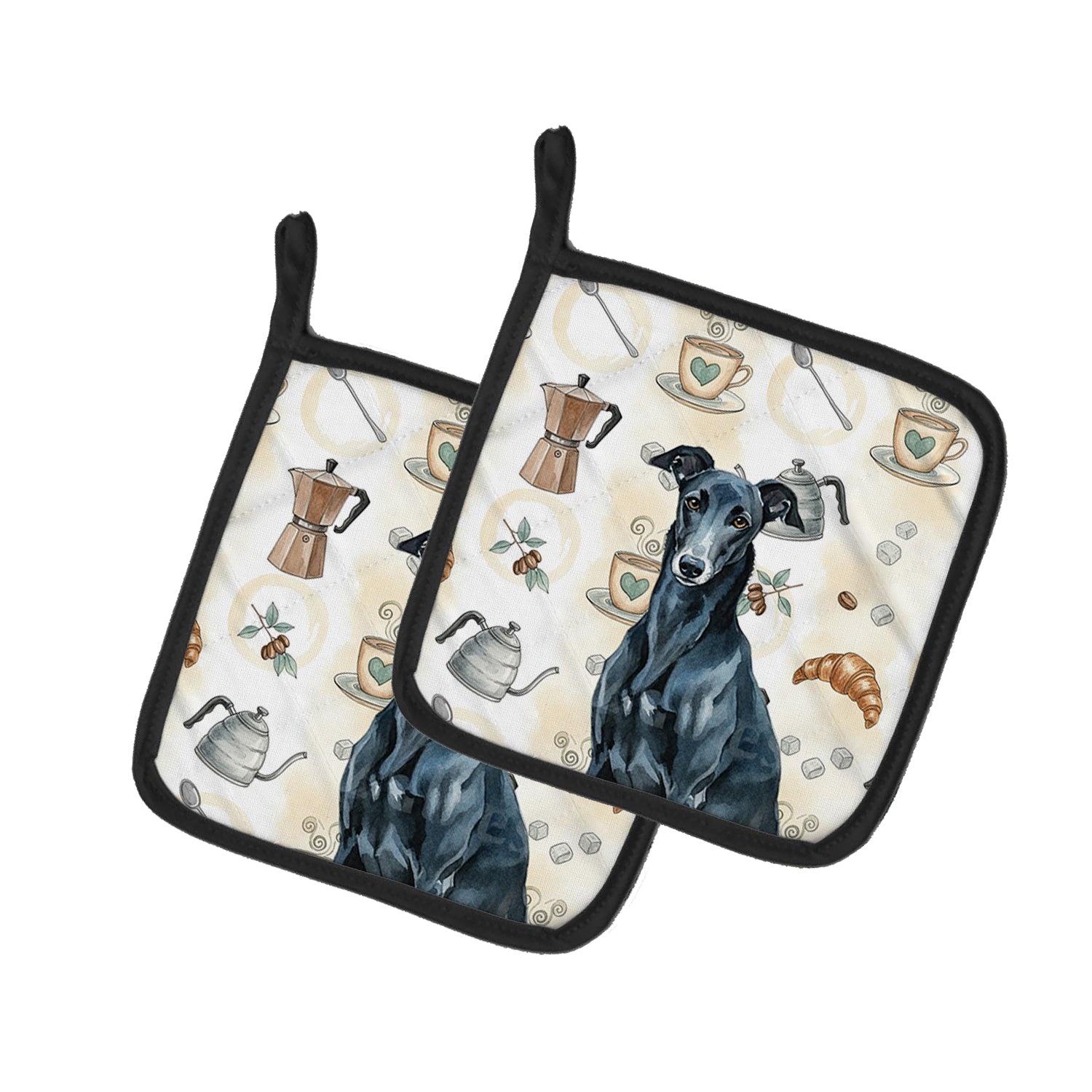 Caroline's Treasures Black Greyhound Coffee Bar Pair of Pot Holders
