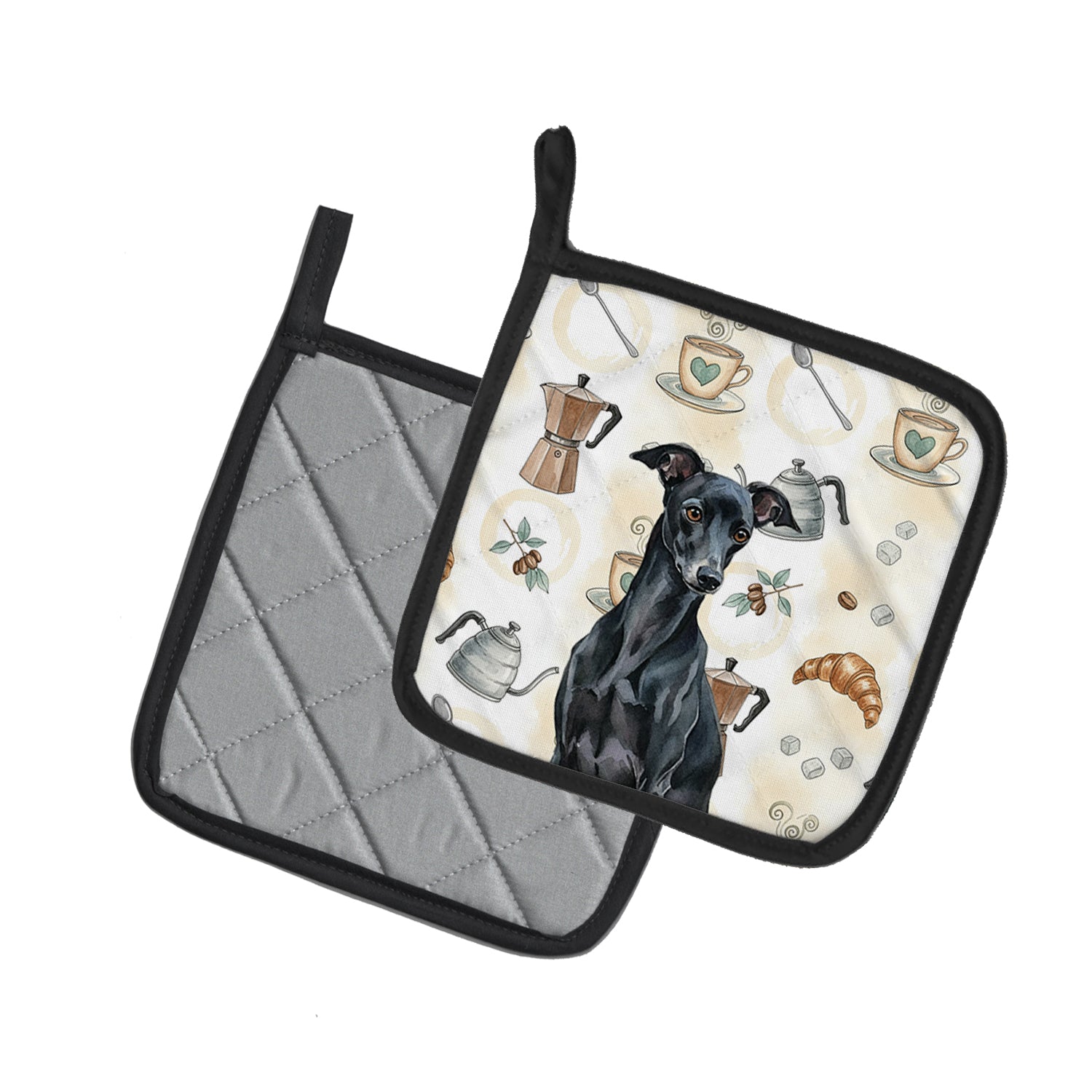 Caroline's Treasures Black Italian Greyhound Coffee Bar Pair of Pot Holders