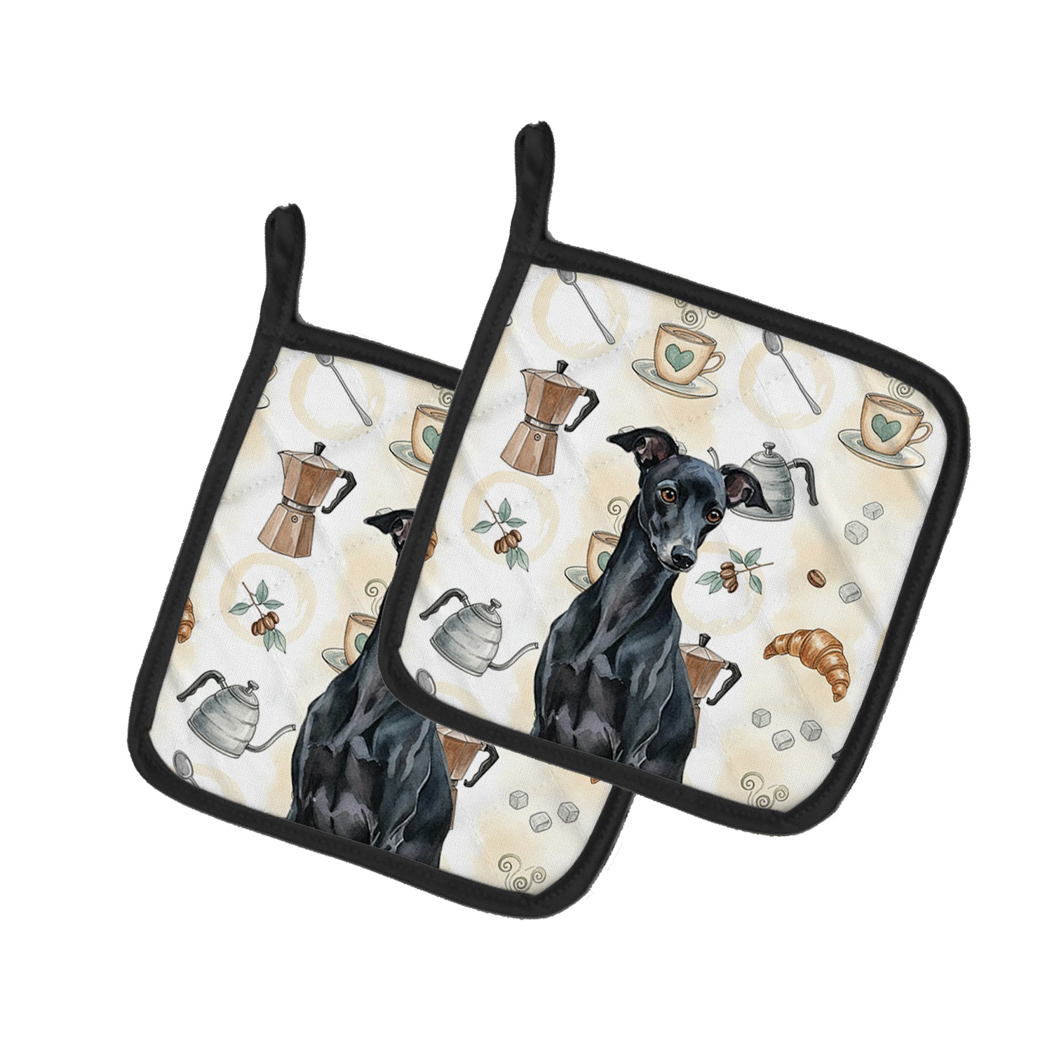 Caroline's Treasures Black Italian Greyhound Coffee Bar Pair of Pot Holders