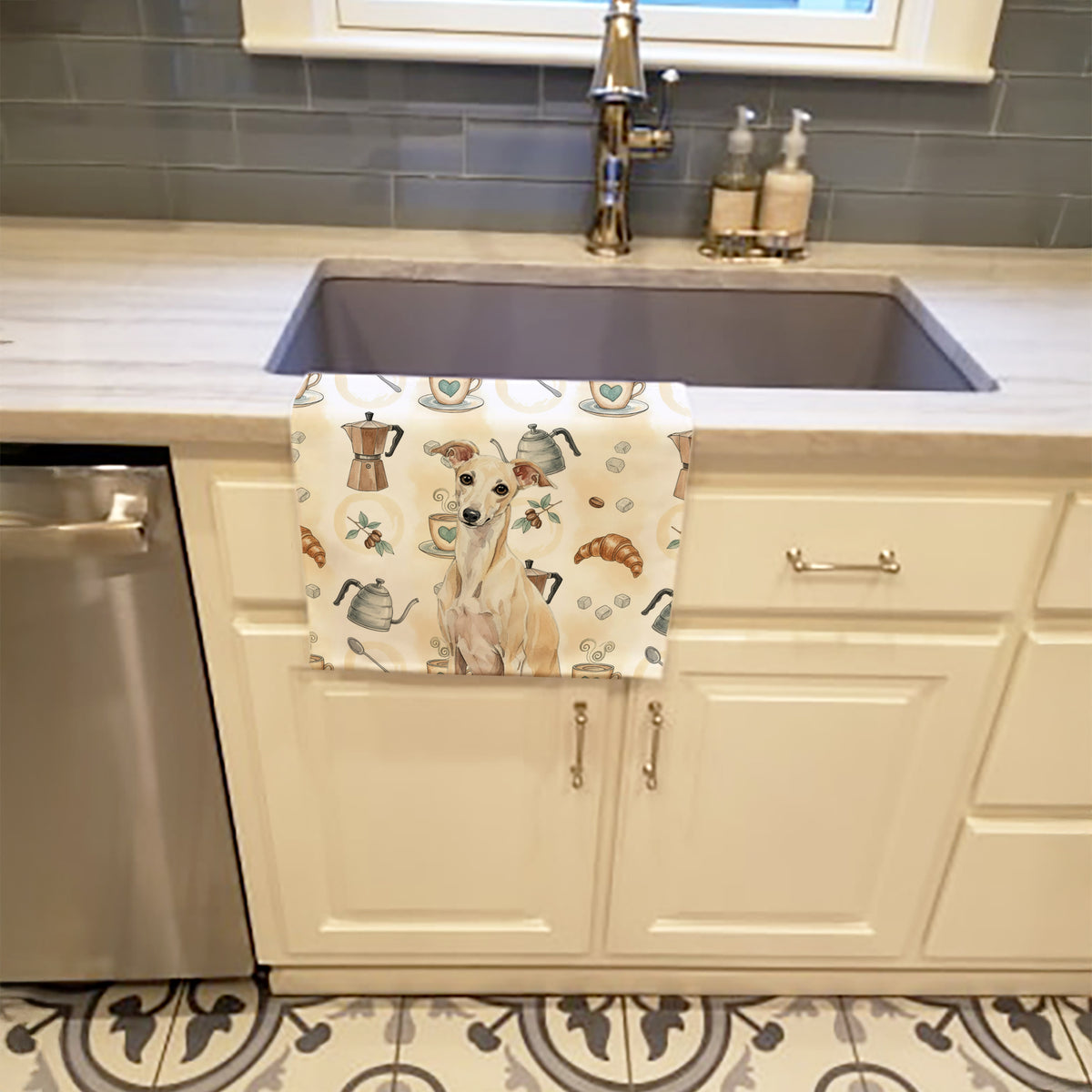 Caroline's Treasures Cream Italian Greyhound Coffee Bar Kitchen Towel