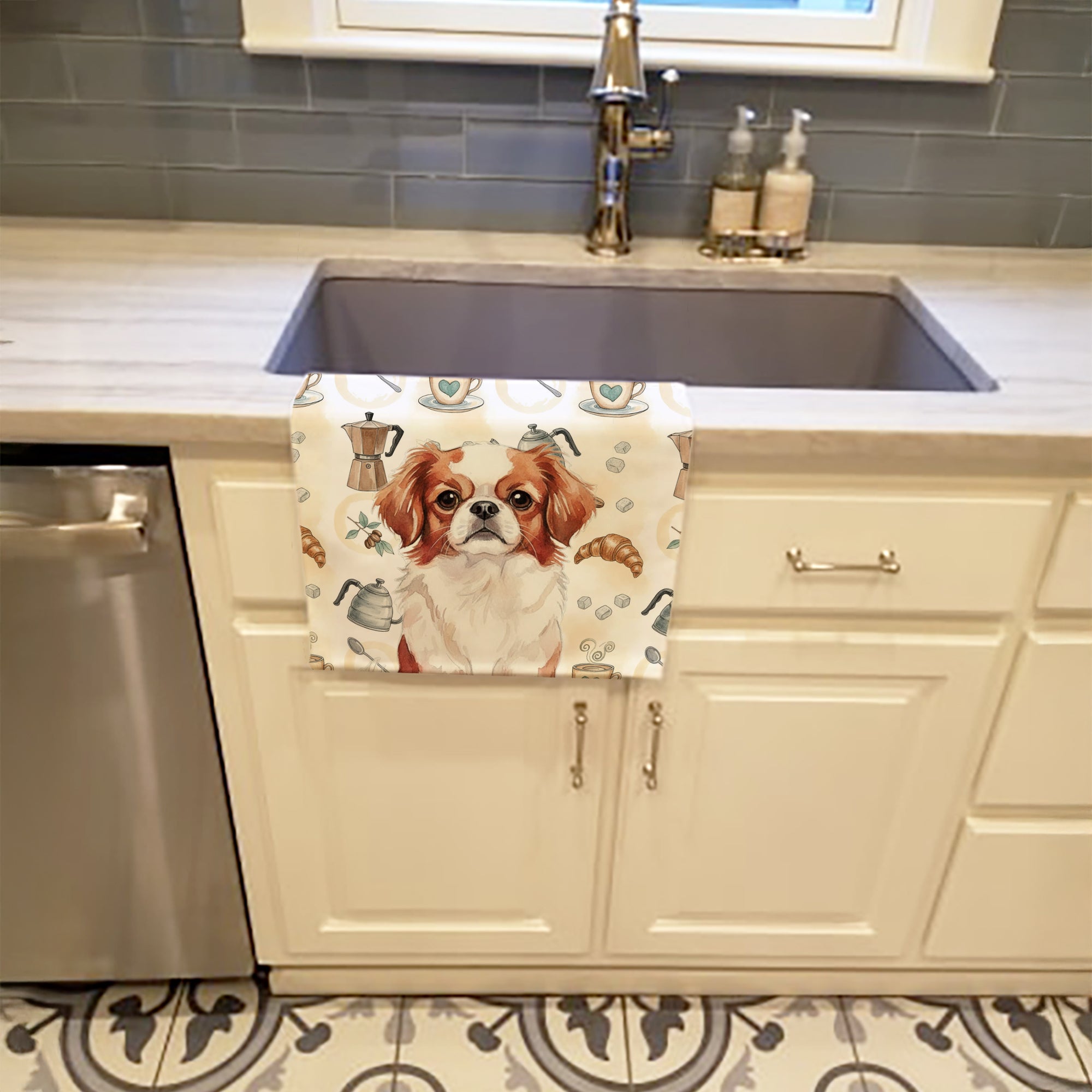 Caroline's Treasures Red and White Japanese Chin Coffee Bar Kitchen Towel