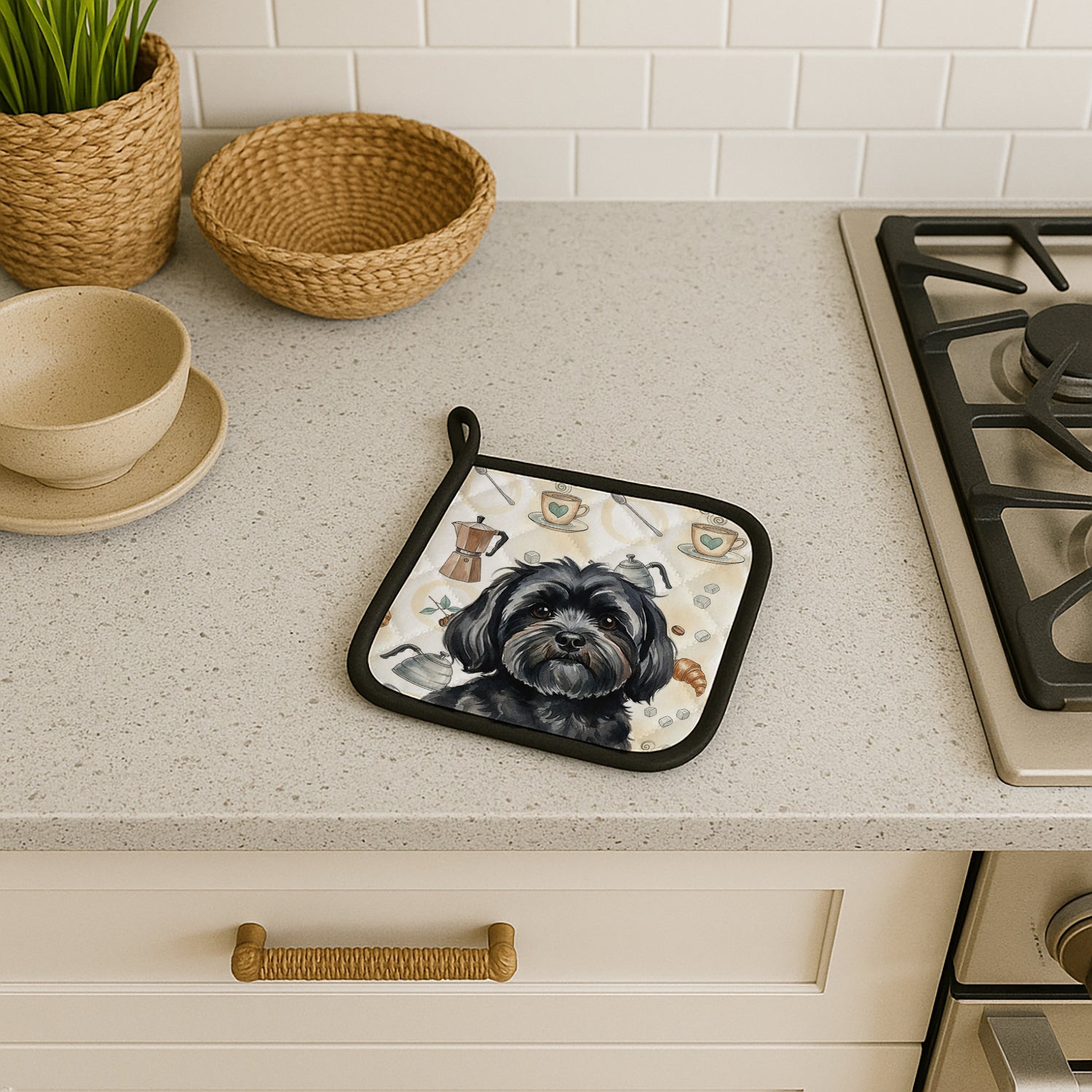 Caroline's Treasures Black Lhasa Apso Coffee Bar Pair of Pot Holders