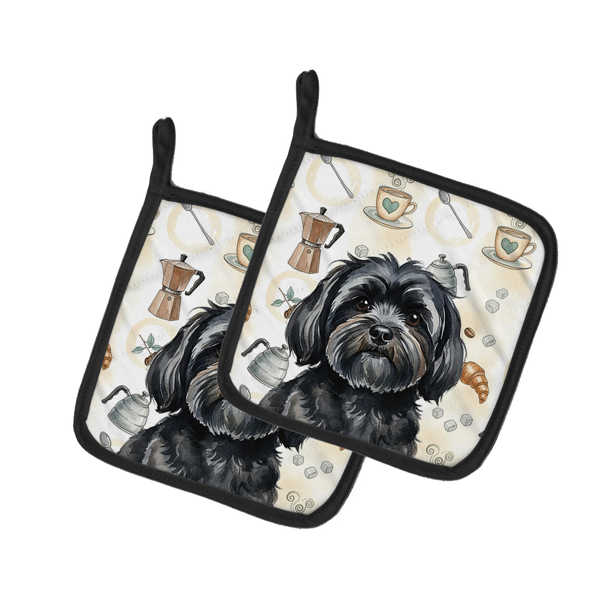 Caroline's Treasures Black Lhasa Apso Coffee Bar Pair of Pot Holders