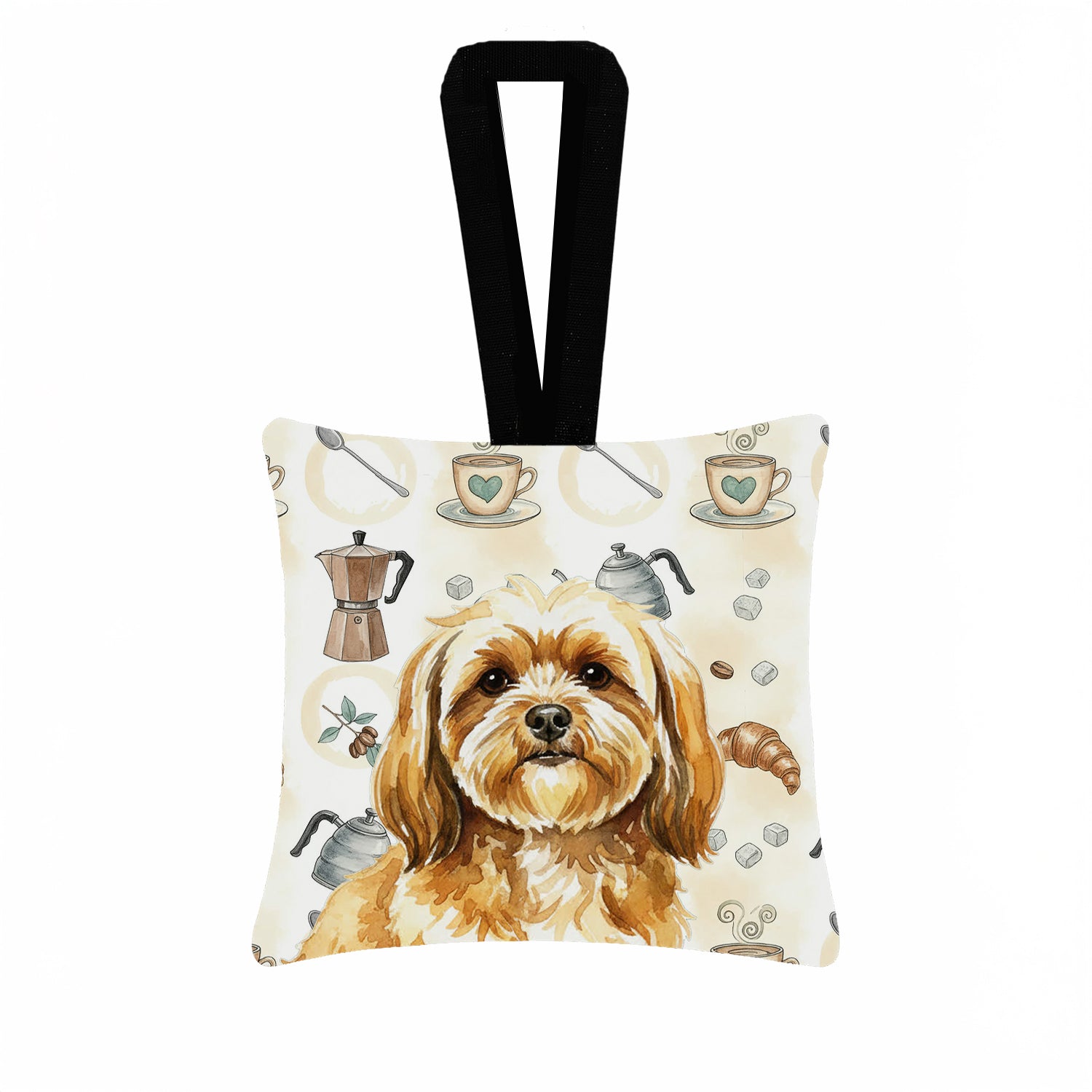 Caroline's Treasures Gold Lhasa Apso Coffee Bar Hanging Square Fabric Ornament 3.5 × 3.5