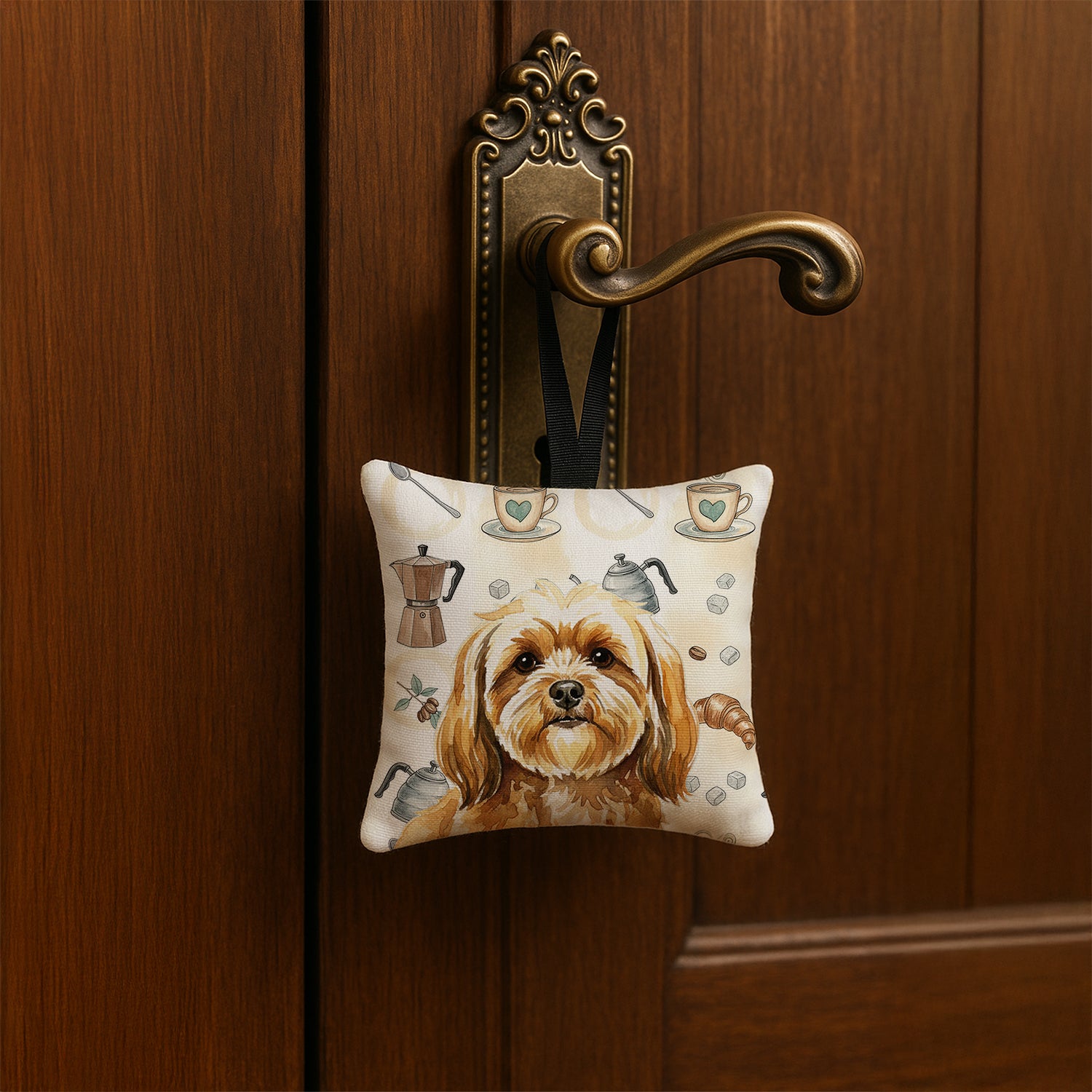 Caroline's Treasures Gold Lhasa Apso Coffee Bar Hanging Square Fabric Ornament 3.5 × 3.5