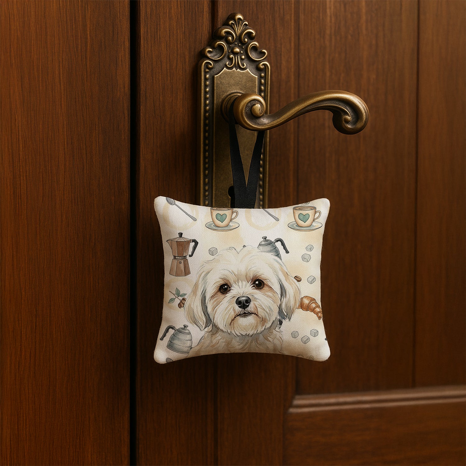 Caroline's Treasures White Lhasa Apso Coffee Bar Hanging Square Fabric Ornament 3.5 × 3.5