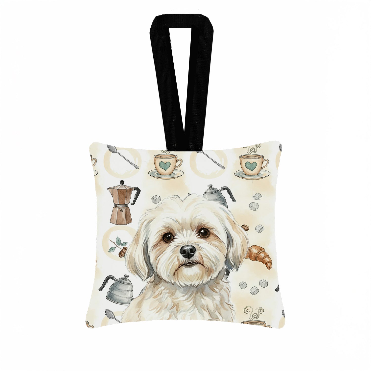 Caroline's Treasures White Lhasa Apso Coffee Bar Hanging Square Fabric Ornament 3.5 × 3.5