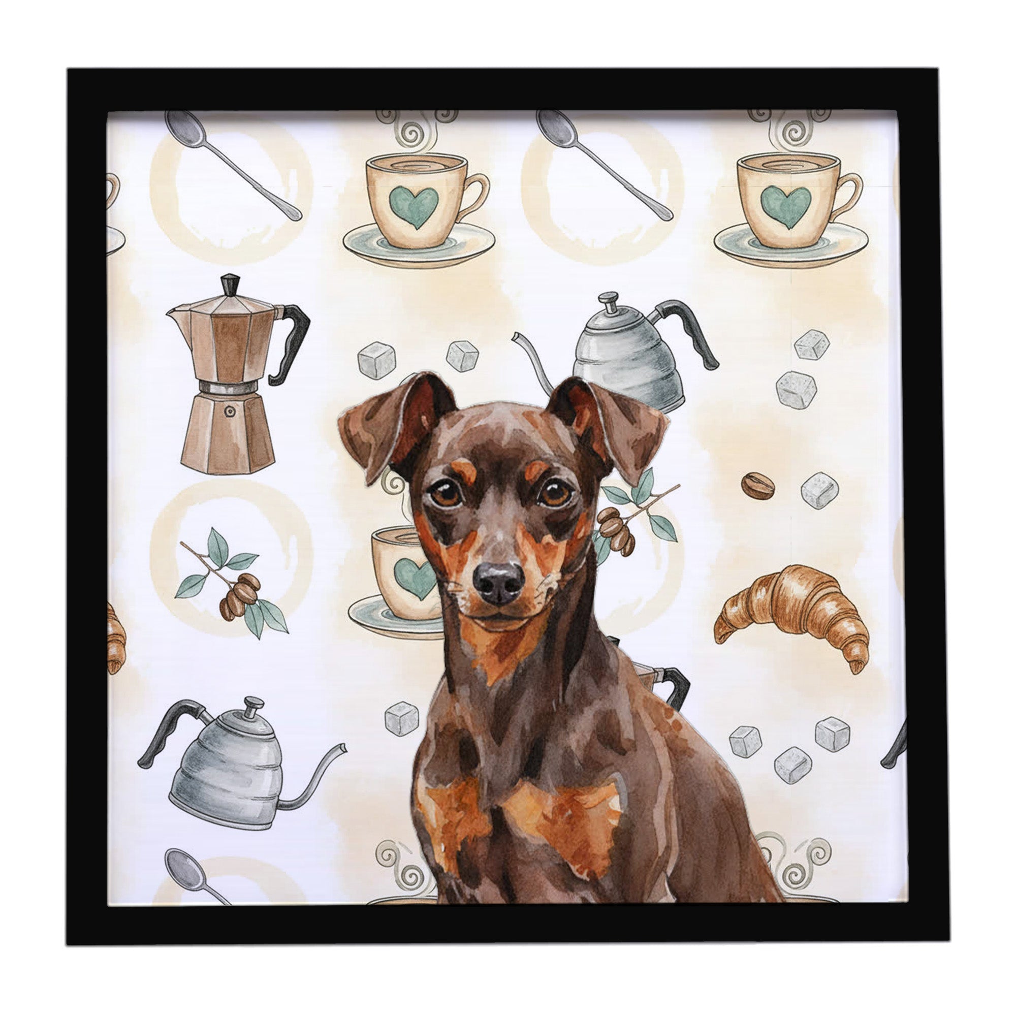 Caroline's Treasures Chocolate and Rust Miniature Pinscher Min Pin Coffee Bar Framed Metal Print