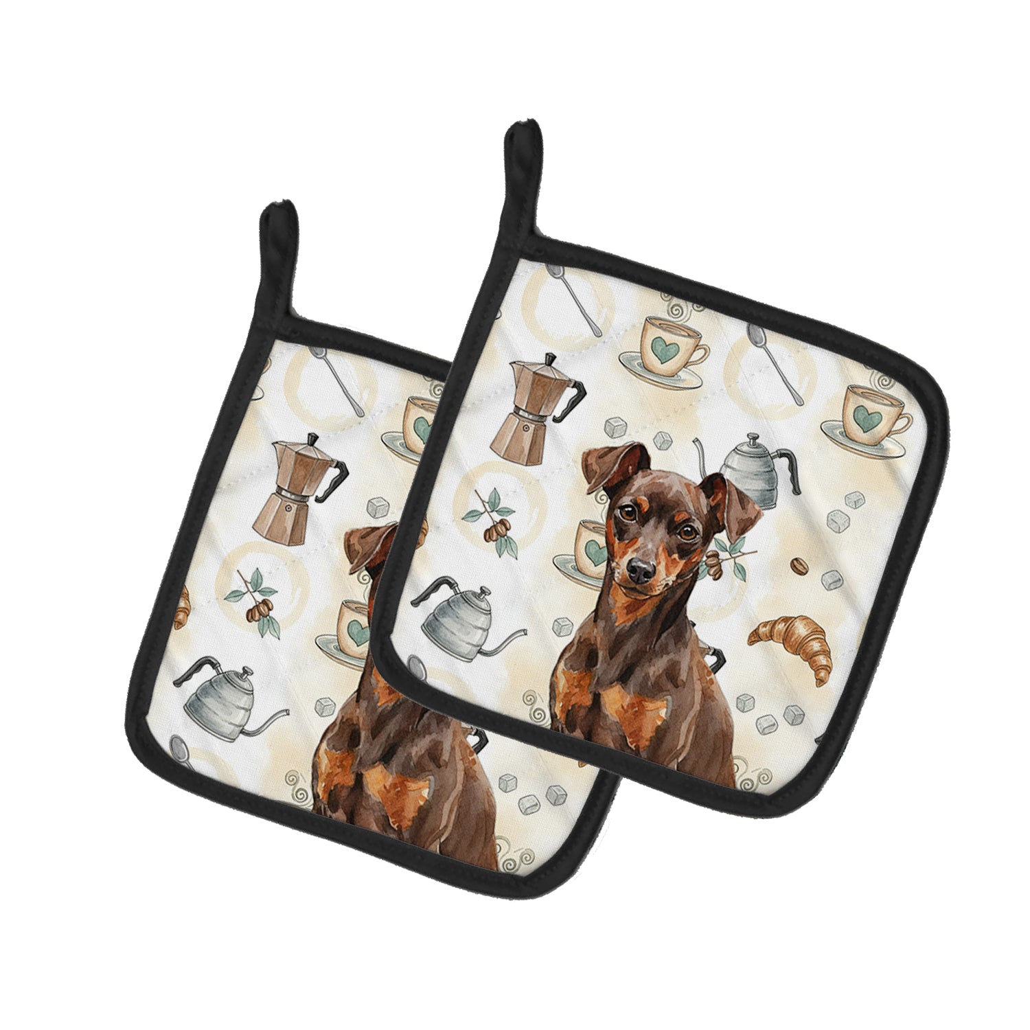 Caroline's Treasures Chocolate and Rust Miniature Pinscher Min Pin Coffee Bar Pair of Pot Holders