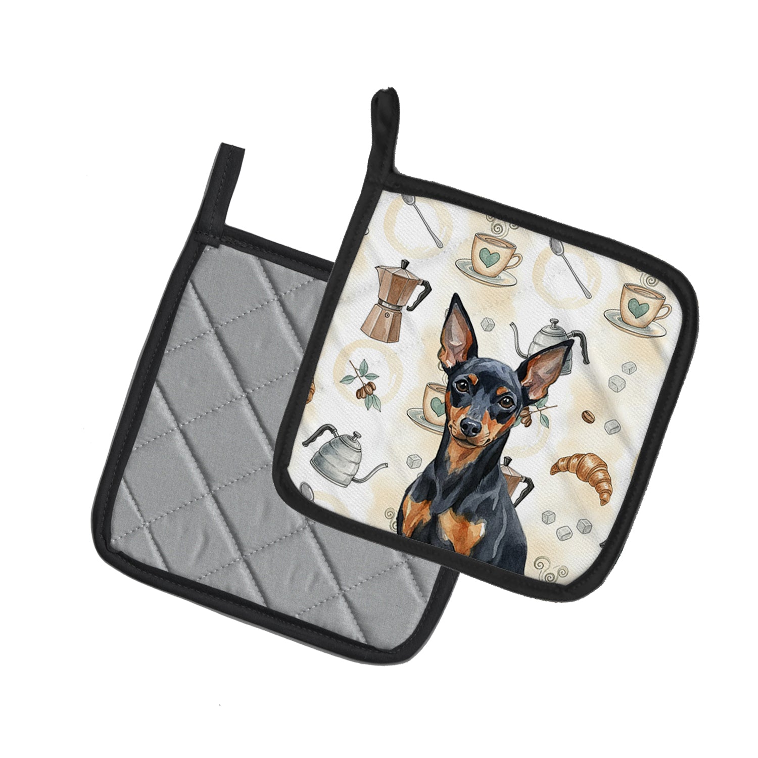 Caroline's Treasures Black and Tan Miniature Pinscher Coffee Bar Pair of Pot Holders
