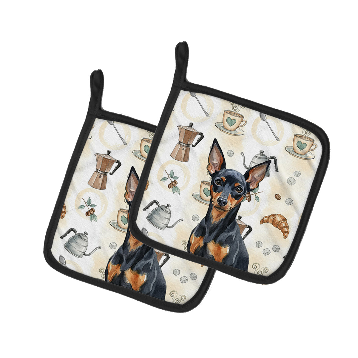 Caroline's Treasures Black and Tan Miniature Pinscher Coffee Bar Pair of Pot Holders