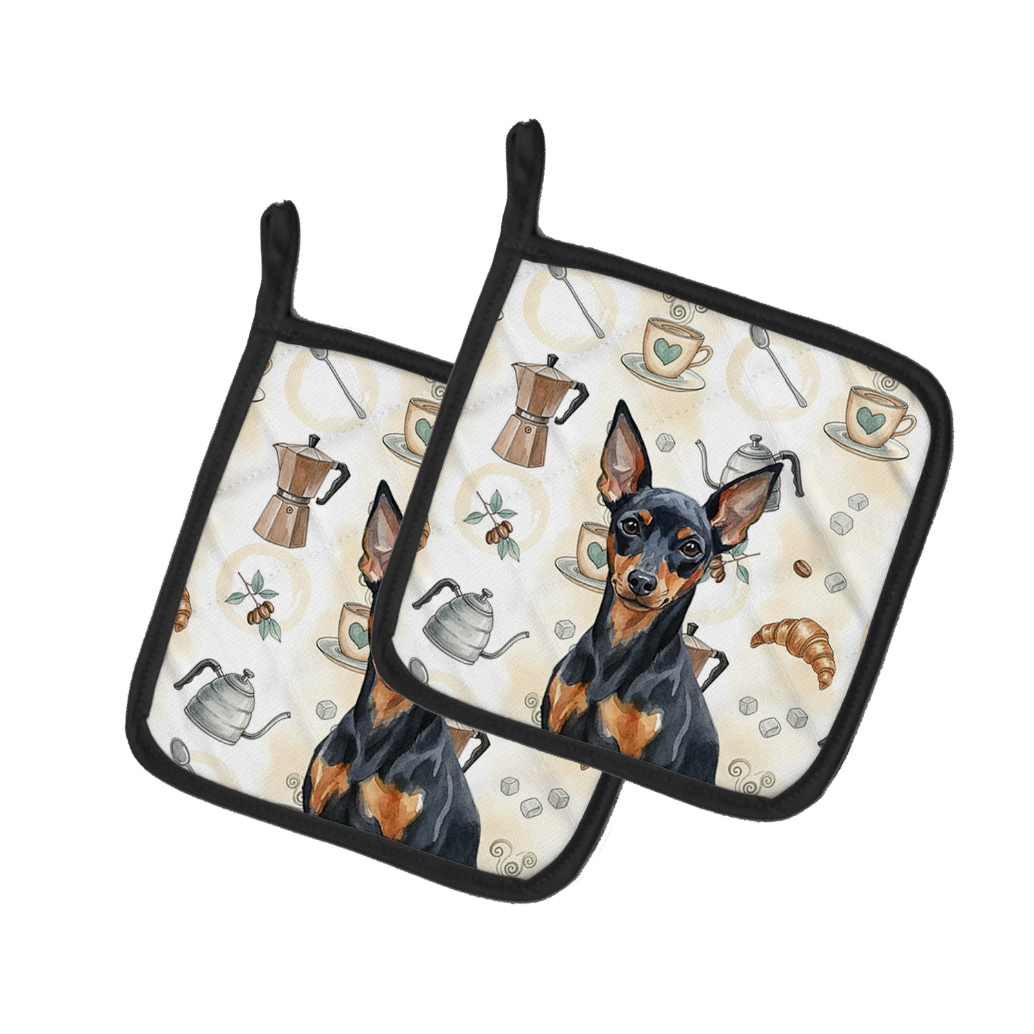 Caroline's Treasures Black and Tan Miniature Pinscher Coffee Bar Pair of Pot Holders