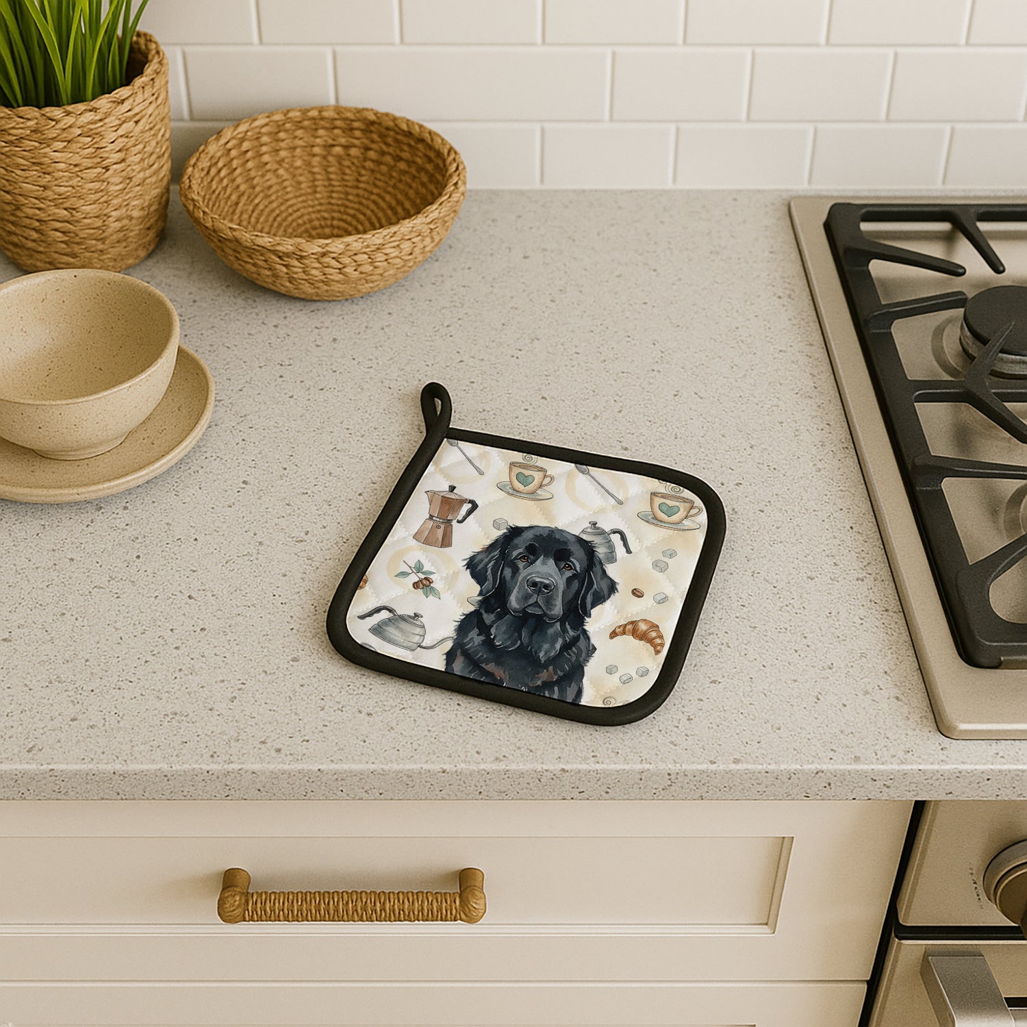 Caroline's Treasures Black Newfoundland Coffee Bar Pair of Pot Holders