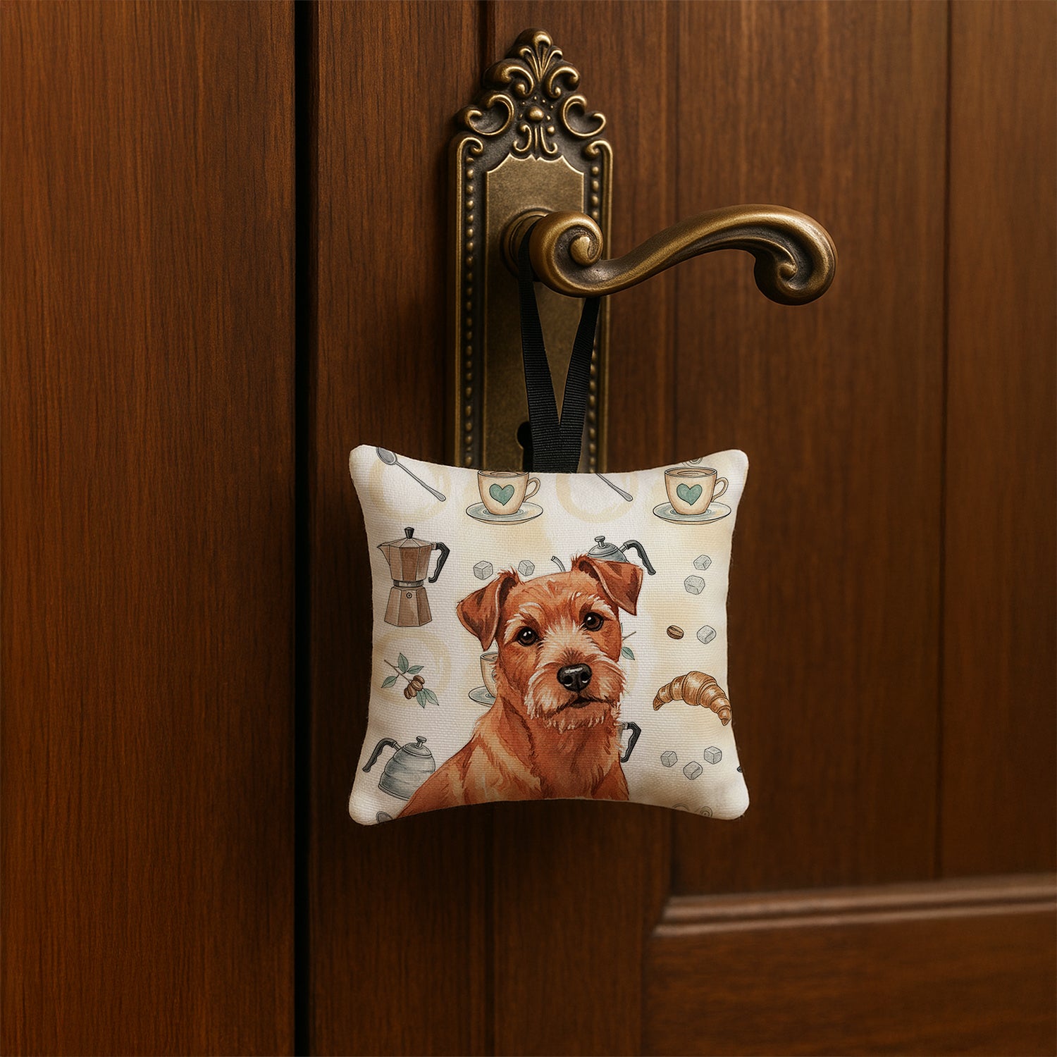Caroline's Treasures Red Norfolk Terrier Coffee Bar Hanging Square Fabric Ornament 3.5 × 3.5