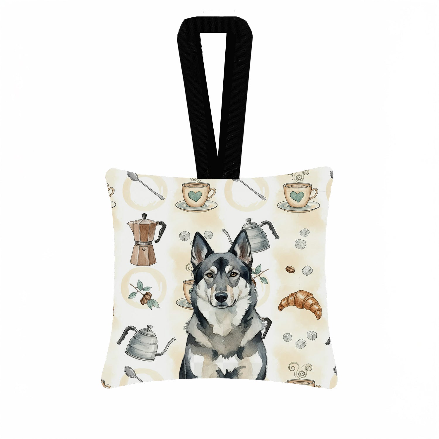 Caroline's Treasures Norwegian Elkhound Coffee Bar Hanging Square Fabric Ornament 3.5 × 3.5