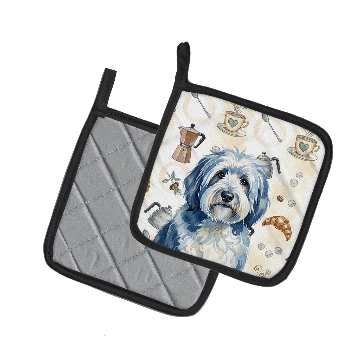 Caroline's Treasures Blue and White Old English Sheepdog Coffee Bar Pair of Pot Holders