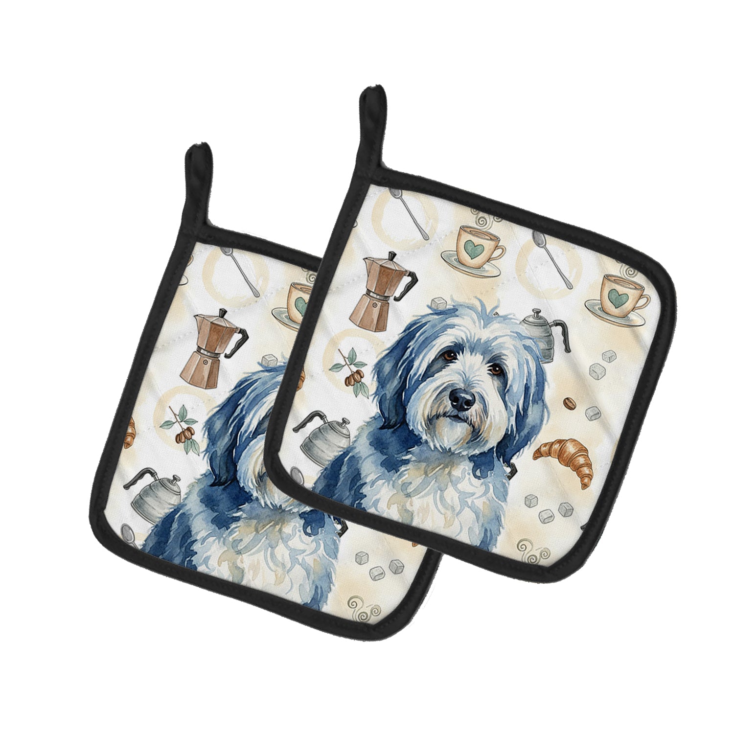 Caroline's Treasures Blue and White Old English Sheepdog Coffee Bar Pair of Pot Holders