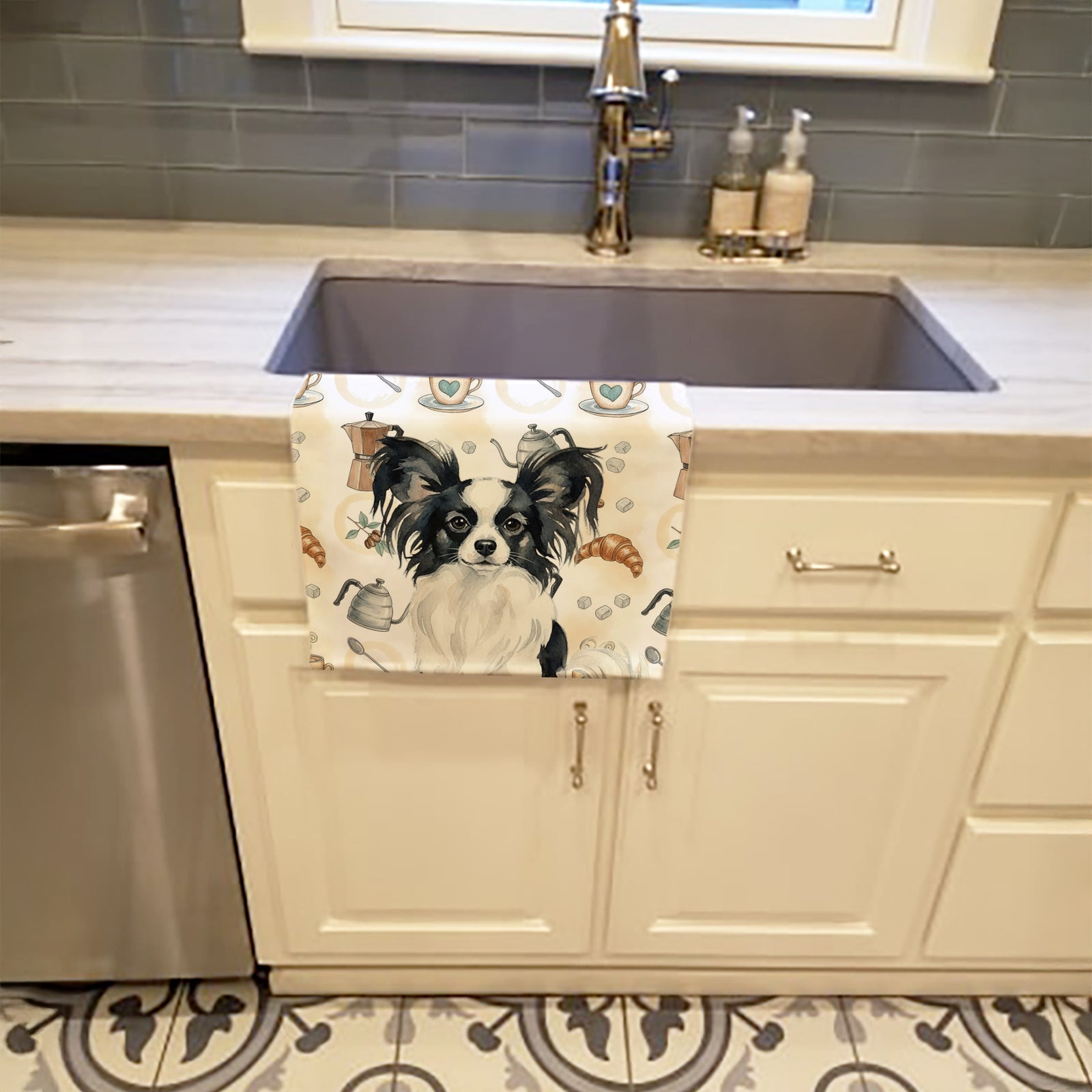 Caroline's Treasures Black and White Papillon Coffee Bar Kitchen Towel